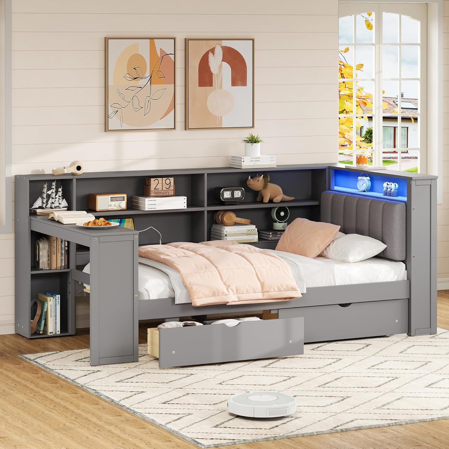 Twin Size Corner Bed Frame with Storage Drawers and Desk,Captain Daybed with L-Shaped Bookcase and LED Lights,Corner Bed Twin Size with Charging Station for Kids,Teens,Adults,Gray
