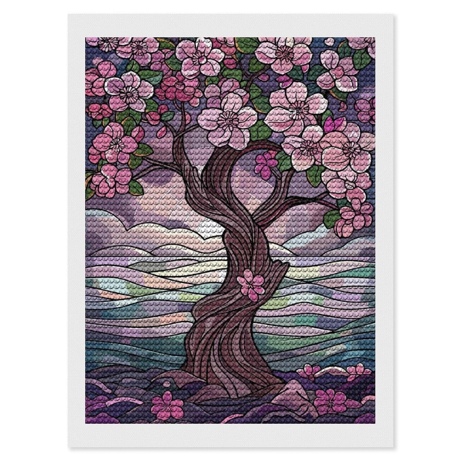 Junmoney Stained Glass Cherry Blossom Tree Diamond Painting Canvas Kit 12"x16", Adhesive Canvas, Christmas Gift, Full Kit Included, Thoughtful Present