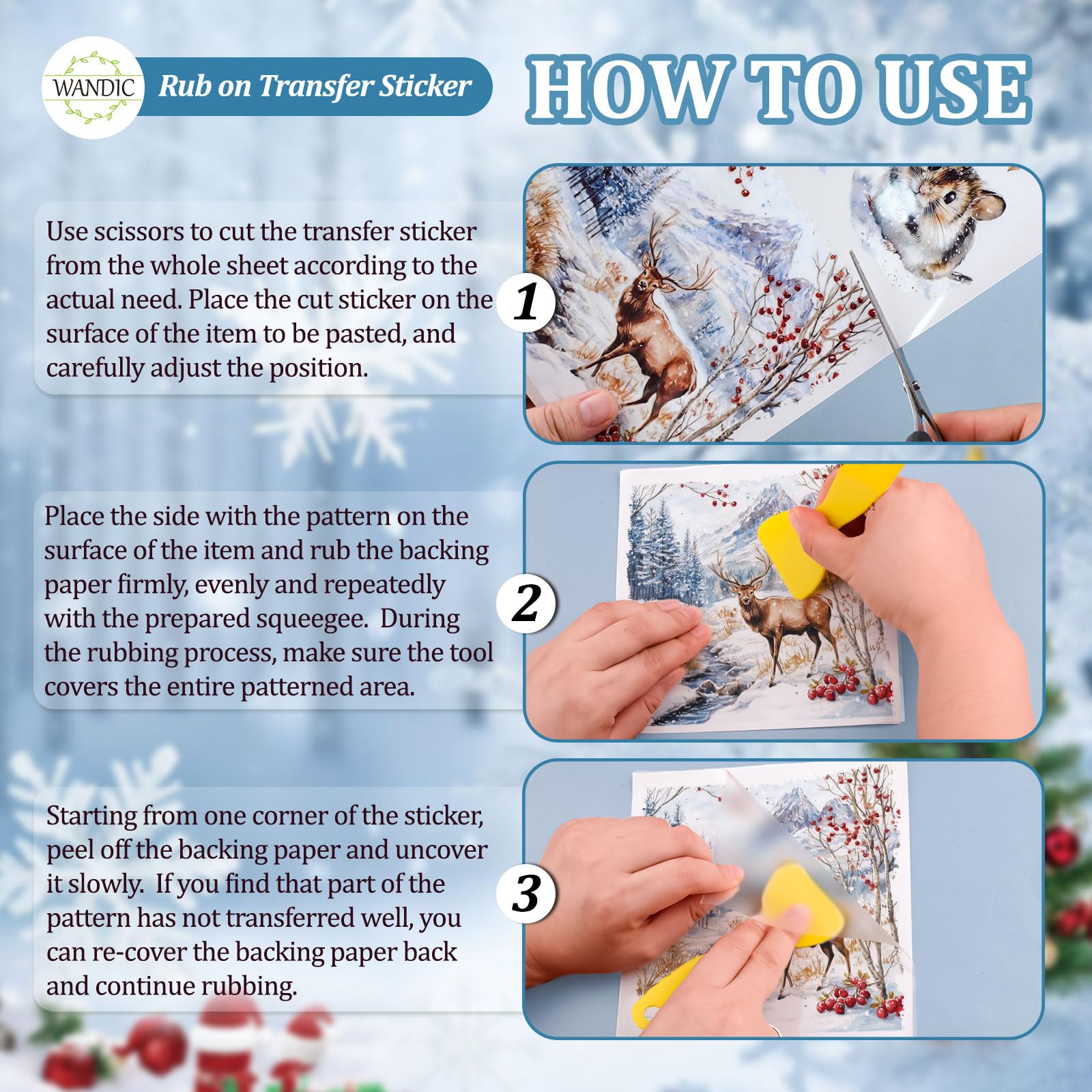 WANDIC 3 Sheets Rub on Transfers Stickers for Furniture Winter Animal Theme Christmas Transfer Decals for DIY Crafts Scrapbooks Photo Albums Decoration,15 * 30cm - Image 3