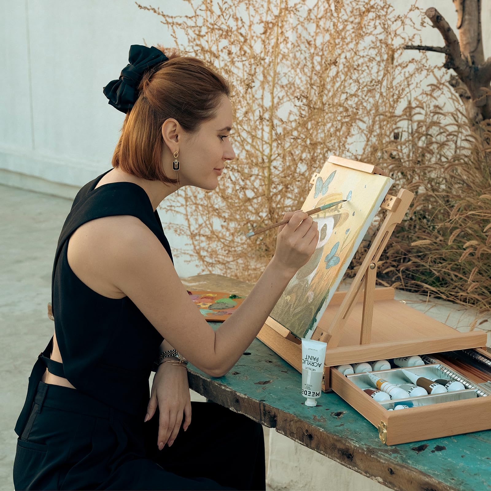 Meeden Studio Sketchbox Chevalet de table avec tiroir doublé en métal – Réglable en bois de hêtre massif et chevalet de boîte à croquis avec rangement, parfait pour studio ou Plein Air
