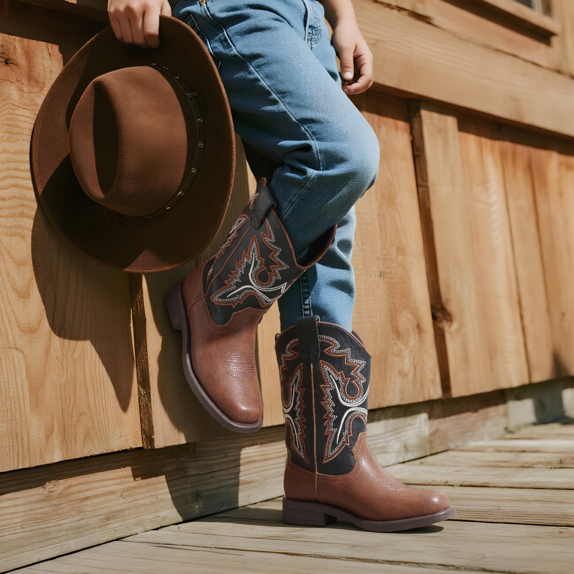 DREAM PAIRS Stivali da cowboy per ragazzi e ragazze stivali da equitazione con punta quadrata stile western
