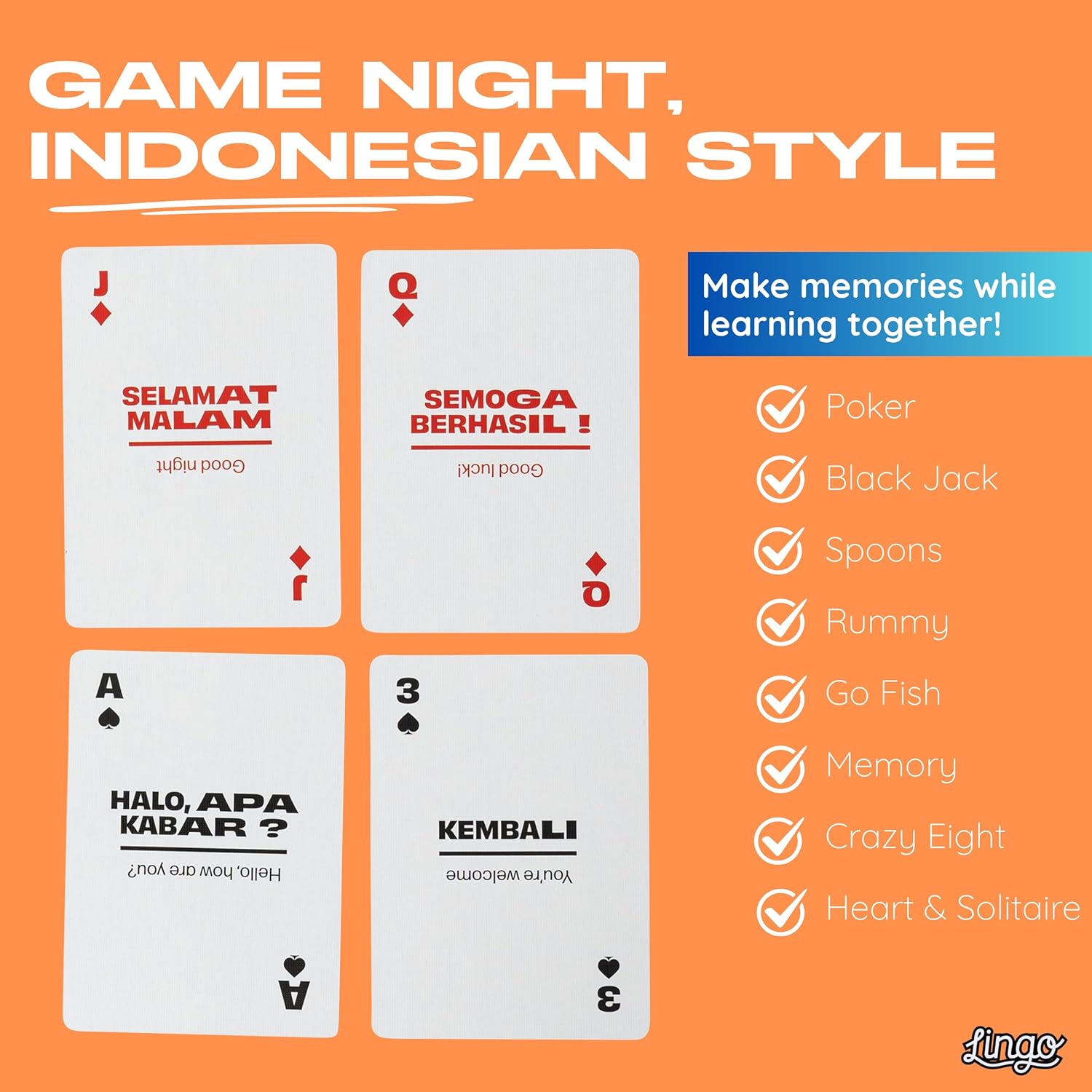 Lingo Indonesian Playing Cards | Travel Flashcards | Learn Indonesian Vocabulary in A Fun & Easy Way | 52 Essential Translations