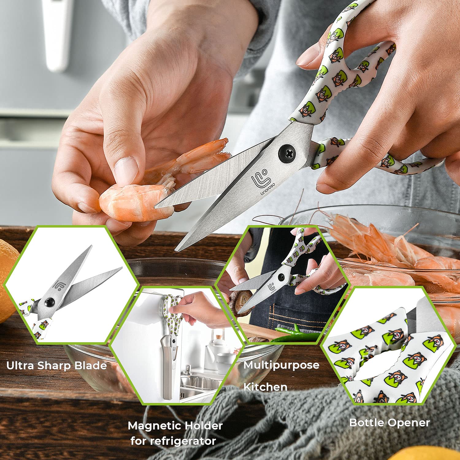 Linoroso Forbici da Cucina Professionali con Coperchio Magnetico Forbice da Cucina Affilate e Multiuso in Acciaio Inossidabile per Pizza Pollo Gamberetti Pesce Pollame Verdure Erbe Noci - Tigri