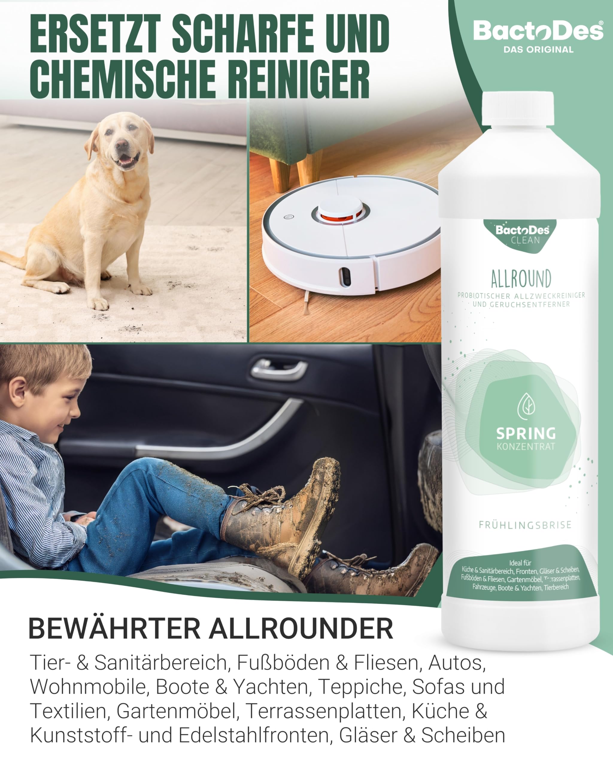 BactoDes - Clean Allround SPRING probiotischer Allzweckreiniger 10L Konzentrat mit Sprayflasche - Spezial Enzymreiniger mit bio Mikroben-Wirkung - Effektiver Geruchsneutralisierer & Geruchsentferner