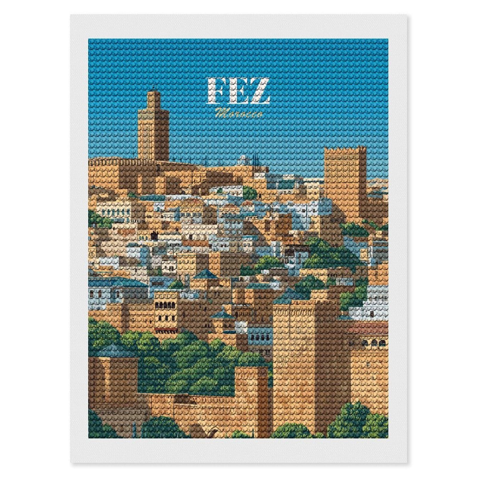 Junmoney Fez, Morocco Cityscape Illustration(2) Diamond Art Kit 12"x16", Neat Printed Canvas, Finish and Display, Relaxing DIY Hobby, Living Room Decor