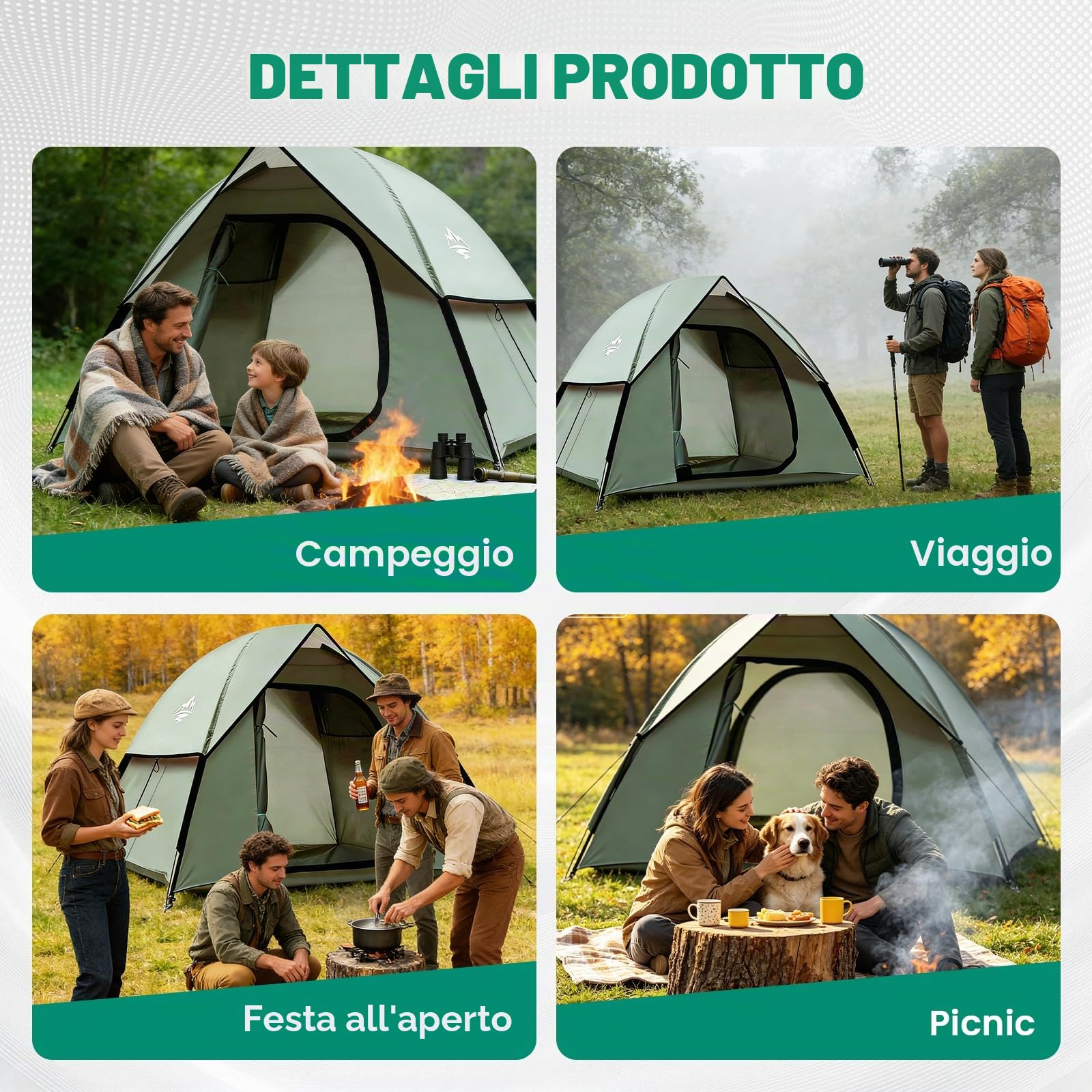 Tenda da campeggio per 1-3 persone, ultraleggera, doppio strato impermeabile e antivento, con ingombro ridotto per campeggio, giardino, escursionismo, trekking e famiglie (Verde esercito)