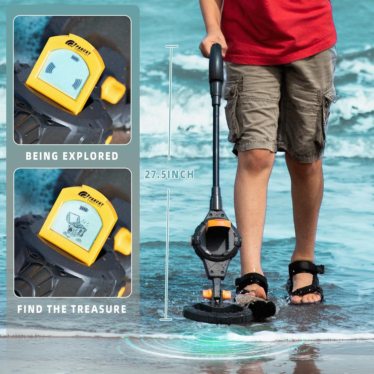 PANCKY Metal Detector for Kids, IP68 Waterproof 3-10 Year Kids Metal Detector Kit with LCD Display, Automatic Sensitivity Adjustment, 6.6" Search Coil, 1.65lb Lightweight, Gift for Boys & Girls, Black