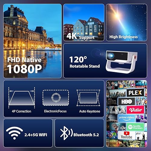 Miniatura 3 de Projector With Wifi And Bluetooth, Built in Apps 4K Support Smart OS Portable Bedroom Projector Native 1080P with 120° Rotation, 20000Lu Auto