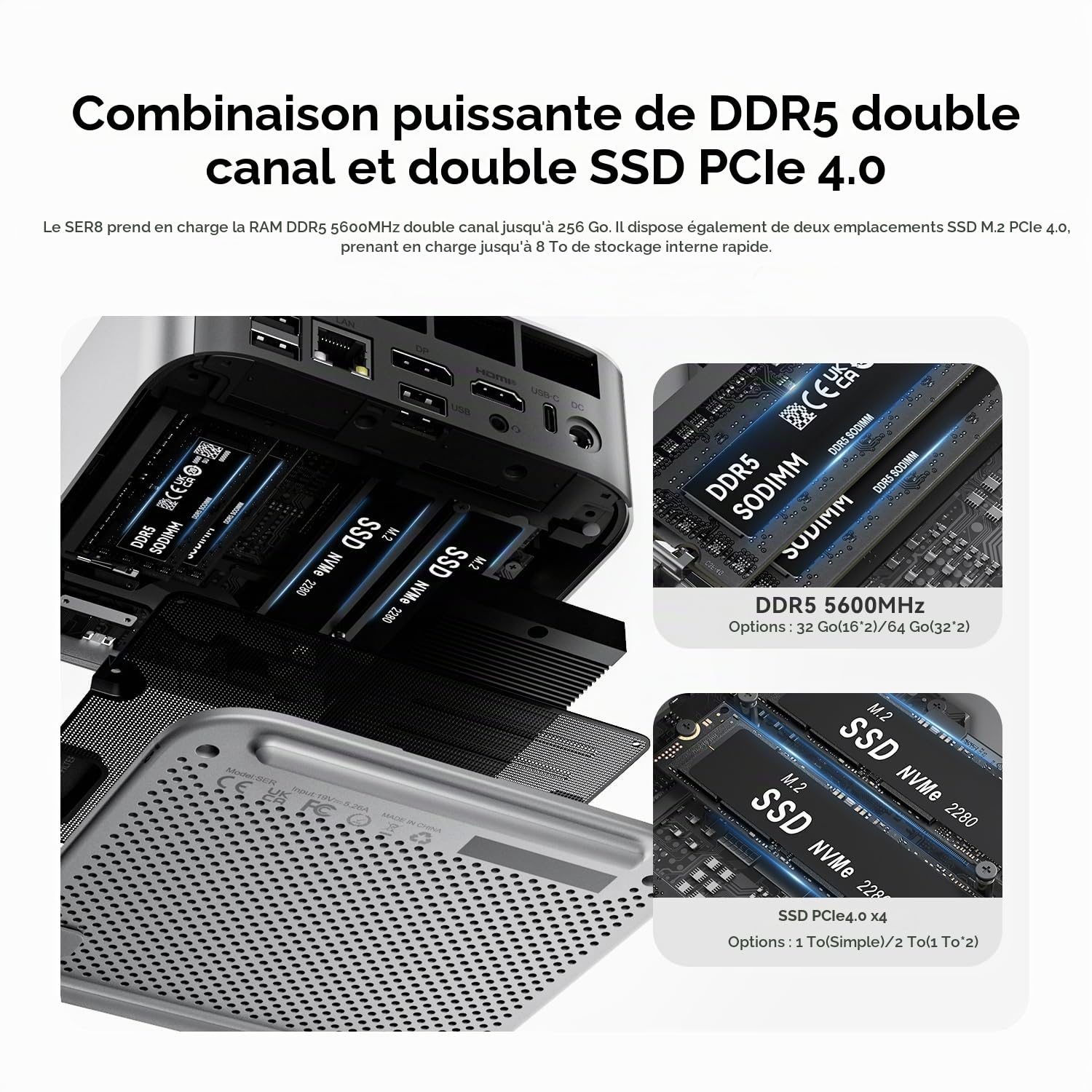 Beelink SER8 Mini Gaming PC, Processeur Ryzen 7 8845HS 8 cœurs 16 Threads 5.1 GHz, RAM 64G DDR5, SSD 1T, 4K@120Hz, USB4/DP/HDMI/ 2.5G LAN/WiFi6 BT5.2