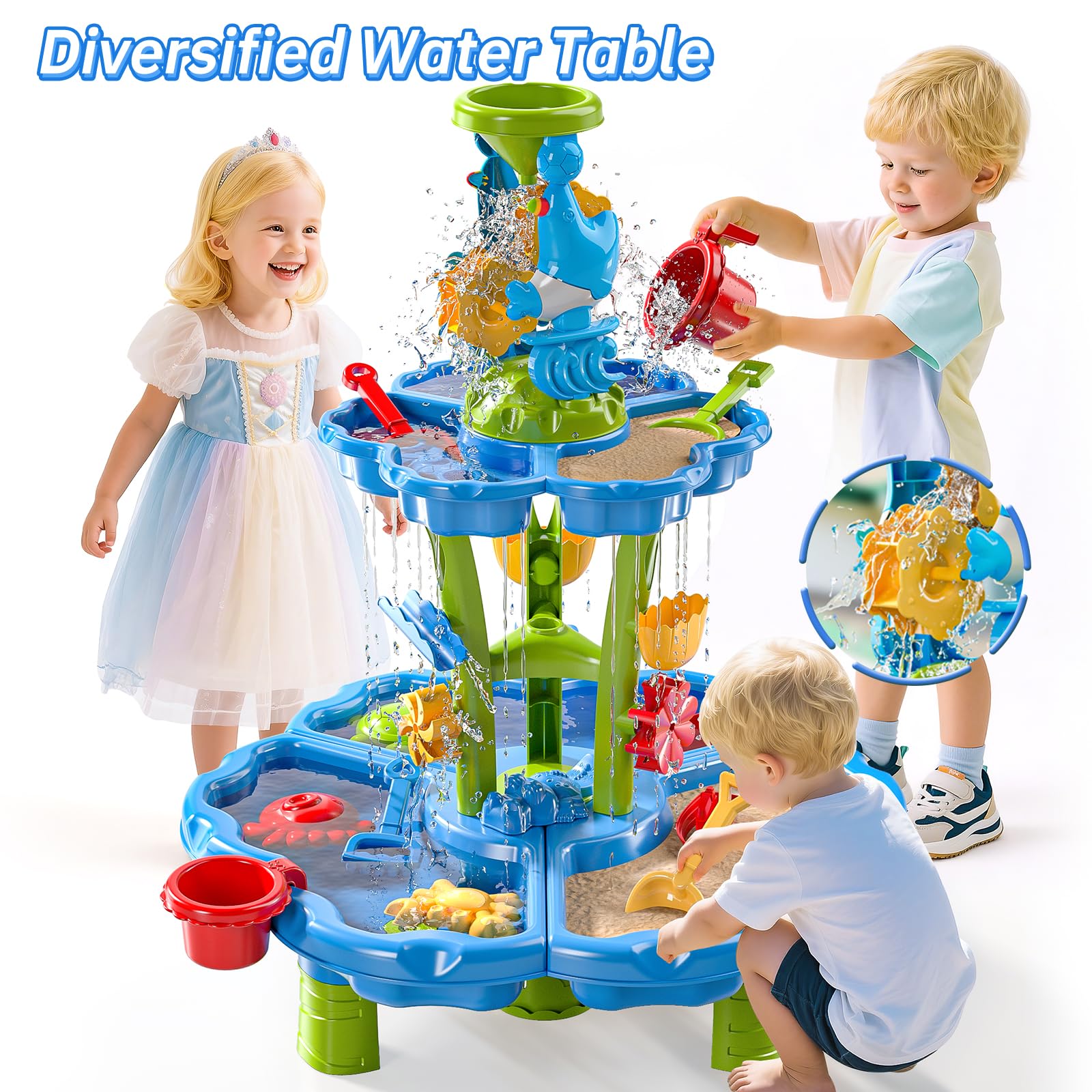 2-stufiger Blumen Sand- & Wassertisch für Kleinkinder 3-5 Jahre, Sensorik-Spieltisch für Kinder, Sommer Strand Planschspielzeug für Garten Hof, Wasser Sandkasten Spielset