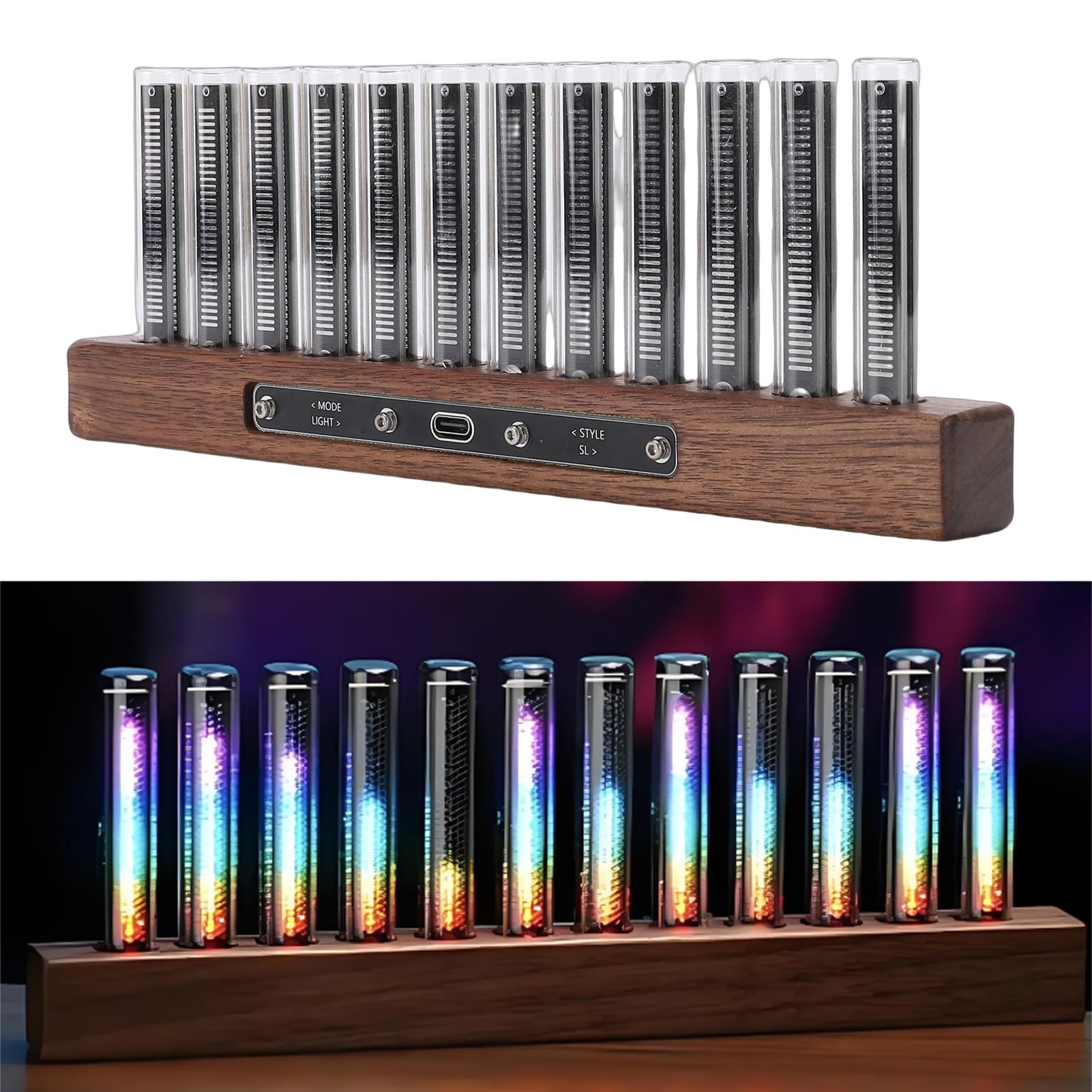 Bewinner LED-Musikspektrum-Display mit 12 Lichtröhren, 240 RGB-Lichtern, Kabellosem Audio-Analysator, Einstellbarer Farbhelligkeit und Walnusssockel für Heim-Party-Dekoration