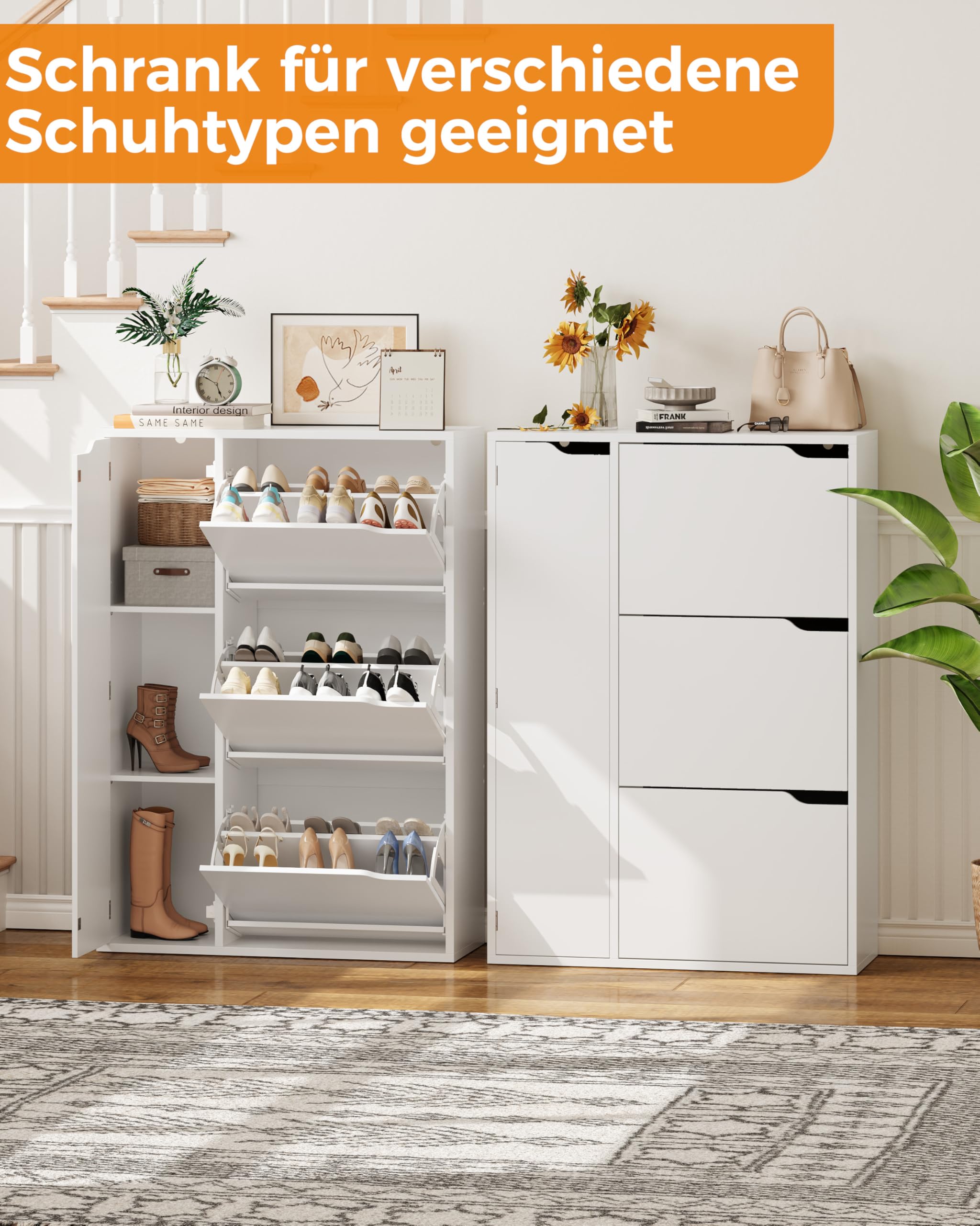 IRONCK Schuhschrank mit 3 Klappen, Schuhkipper Schmal mit Tür, Schuhregal Flur freistehend, Schuhkommode mit verstellbaren Trennwände, Schuhablage Schrank für Eingang Wohnzimmer, 77x30x112cm, Weiß