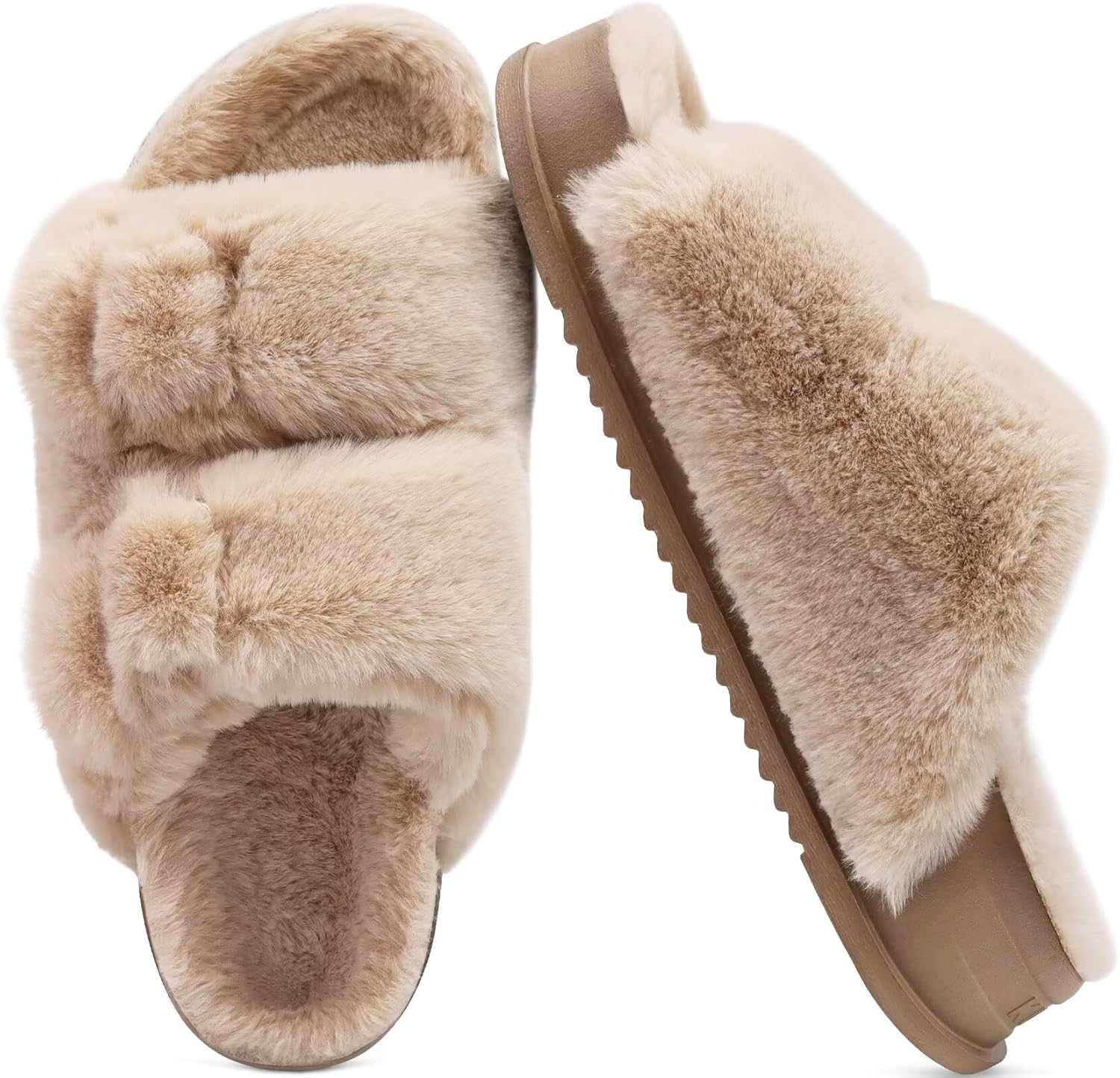 KuaiLu Women's Fluff Slippers Plantar Fasciitis Arch Support Platform Slippers Ladies Fashion Open Toe Faux Fur Sandals Warm House Slipper - Image 9