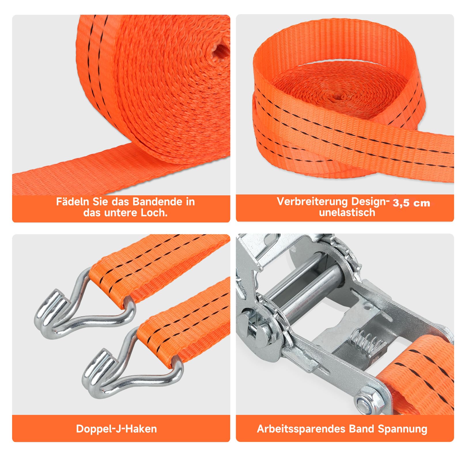 HOMELUX Correas tensoras, 4 unidades – 6 m x 3,5 cm correas tensoras con gancho de trinquete – LC 1000 daN – Certificado TÜV/GS – Correa de amarre de trinquete para asegurar la carga