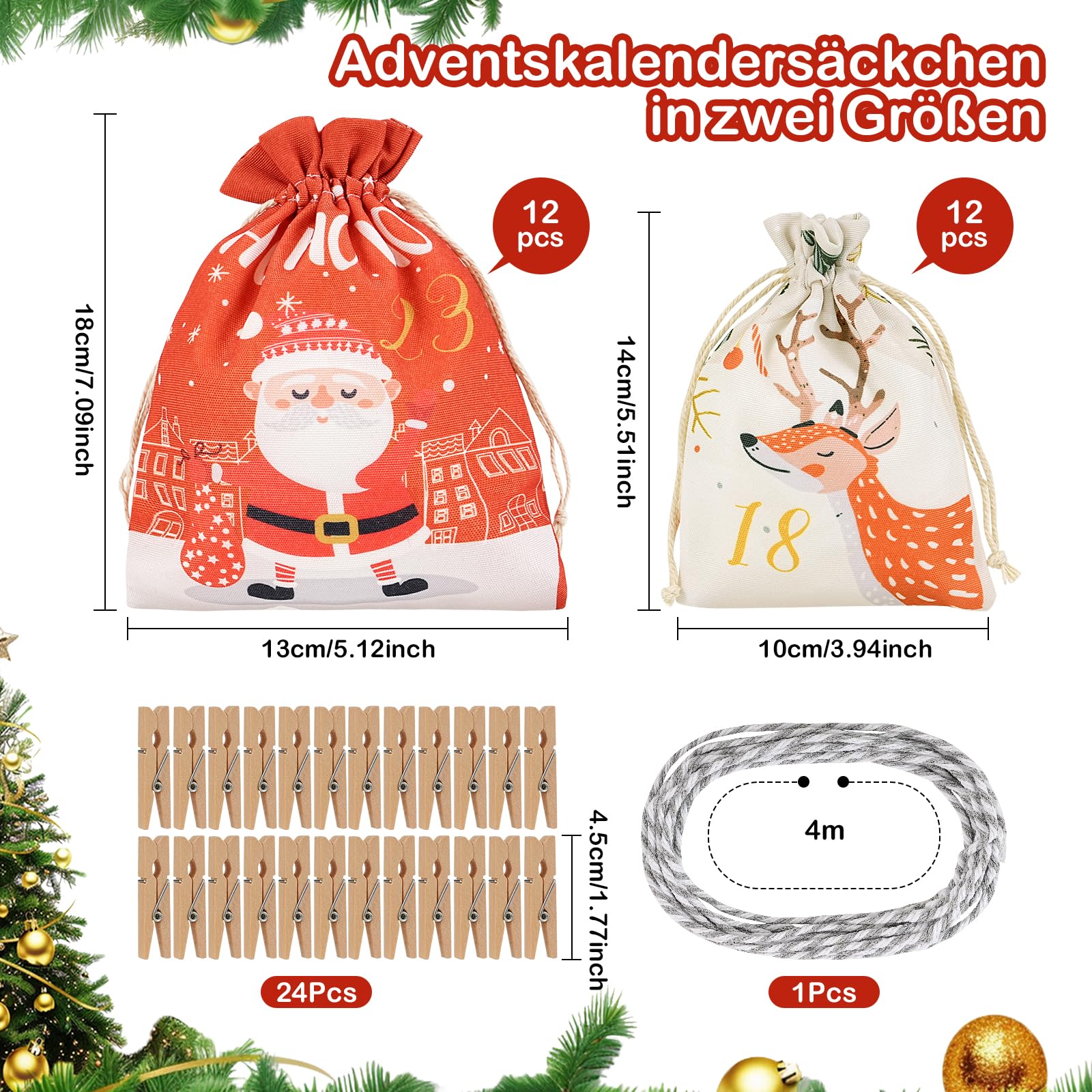 Adventskalender zum Befüllen, Weihnachtskalender Selber Befüllen Kinder, Adventskalender zum Selbstbefüllen stoff, 24 Weihnachtskalender zum Befüllen Säckchen, Adventskalender (Rot)