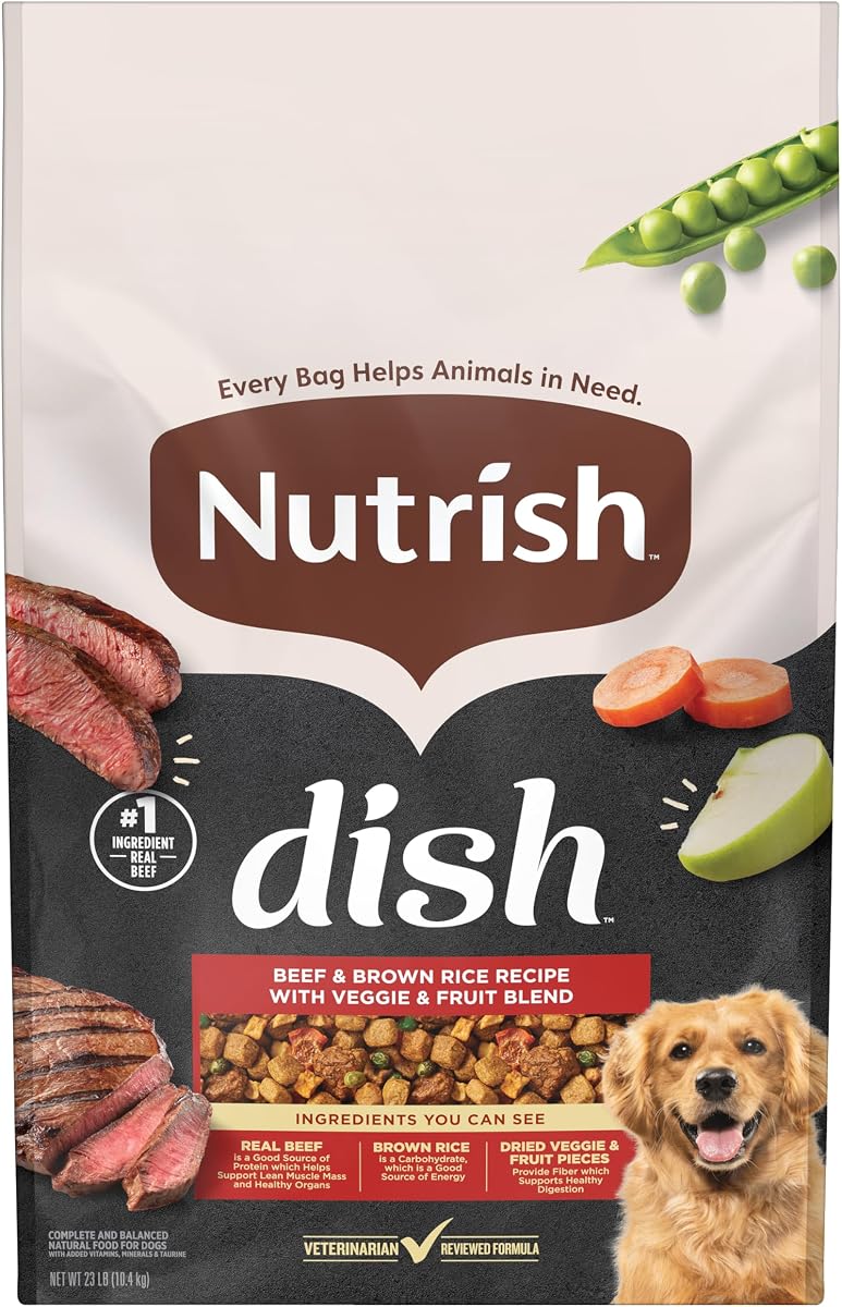 Nutrish Dish Dry Dog Food, Beef Recipe, 23 lb. Bag (Rachael Ray) | Made with Brown Rice and Veggies & Fruit Blend, Veterinarian Reviewed Formula, Complete & Balanced Nutrition For Dogs