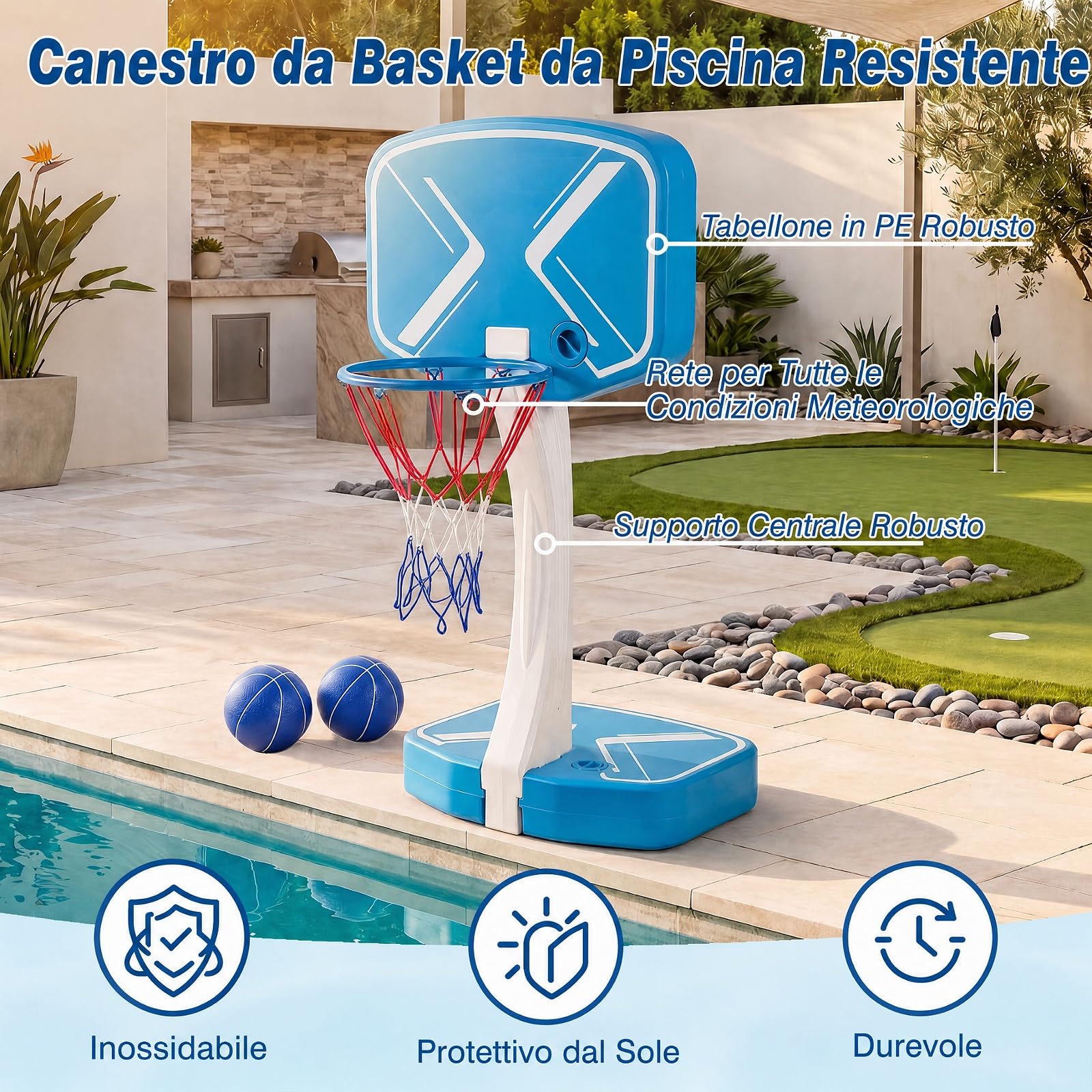 COSTWAY 2 in 1 Canestro da Basket e Rete da Pallavolo per Piscina | Giocattoli Acquatici per Bambini e Adulti con 2 Palloni da Basket, 1 Pallone da Pallavolo, 1 Pompa e 2 Reti, da Spiaggia