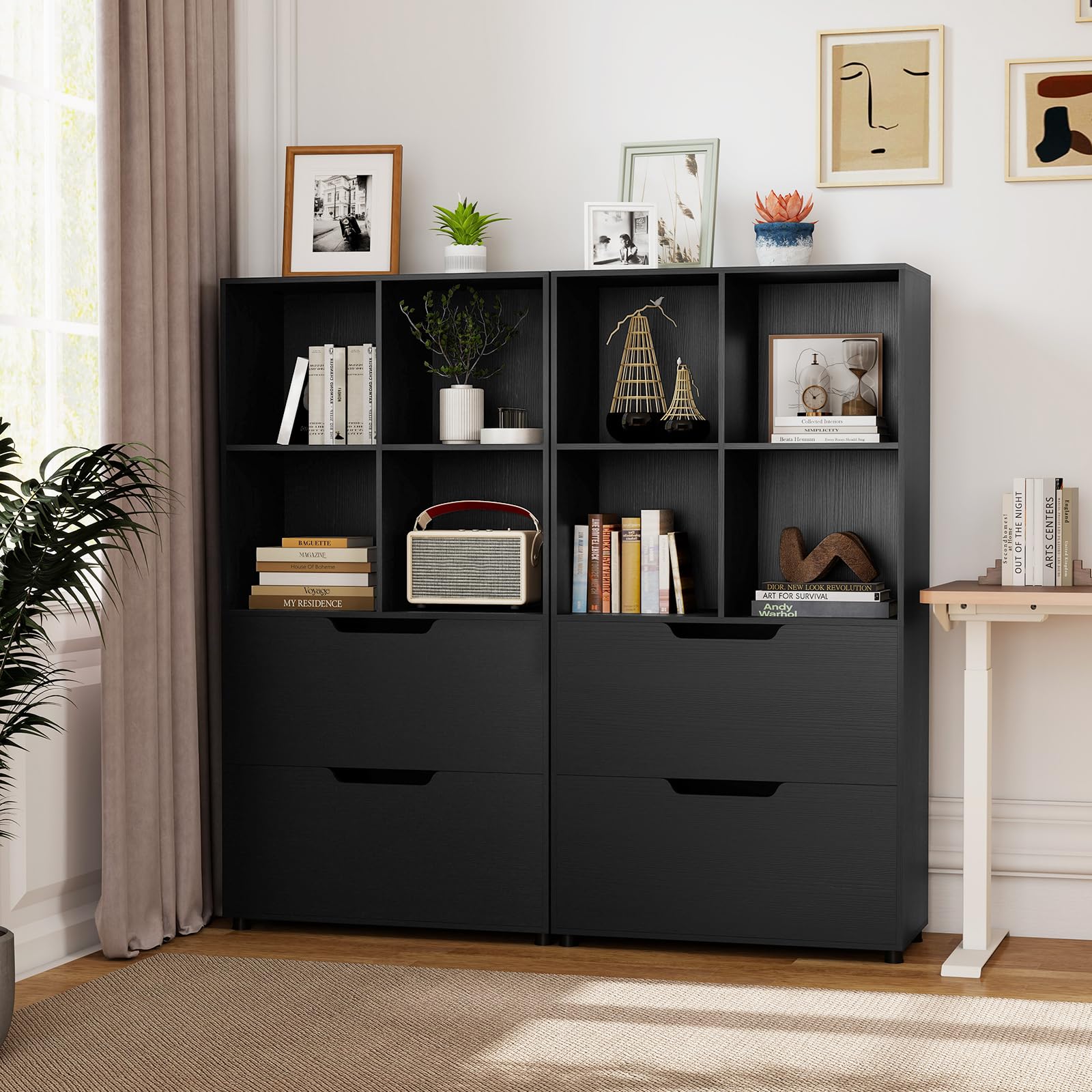 KOMFOTTEU Bibliothèque Bois 4 Cubes avec 2 Tiroirs, 70x33,5x130 cm, Noir