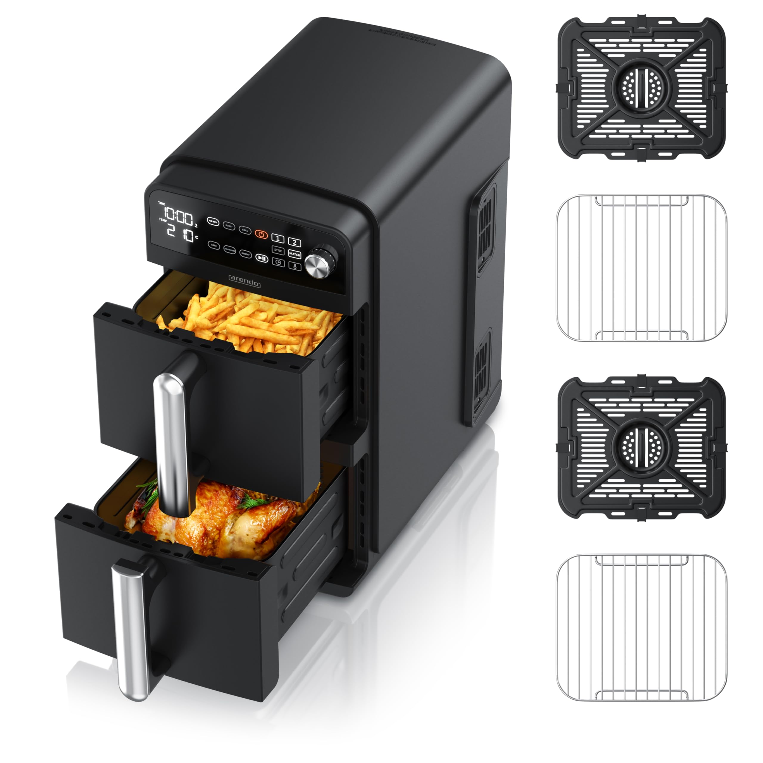 Arendo - Heißluftfritteuse XXL Dual Zone 2 Kammern – 11 Liter – 2400 W – 2 Zonen – 3in1 Airfryer Doppelkammer – 8 Sensortasten – PFAS BPA-frei - 2 Grillroste – 3D Umluftsystem - Doppelstöckig