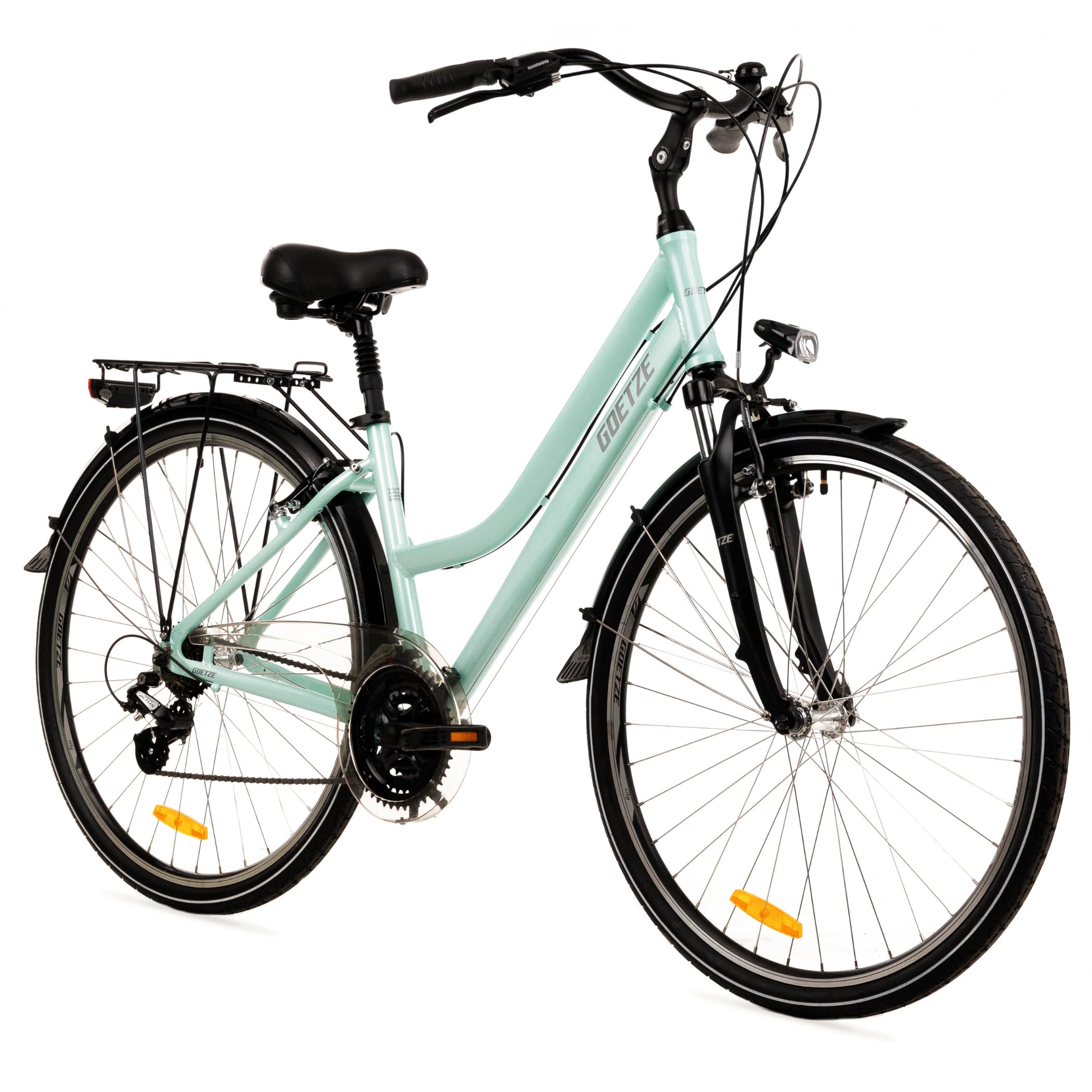 Goetze Picnic 28 Zoll Damen Trekkingrad, Aluminium Rahmen 17/19 Zoll, Shimano 21-Gang Schaltung, Federgabel, Verstellbarer Vorbau, Gefederte Sattelstütze, LED-Beleuchtung, Gepäckträger