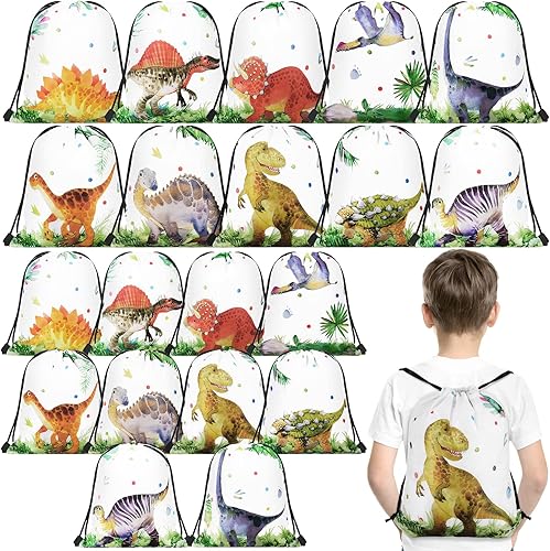 20 bolsas de recuerdo de fiesta de dinosaurios, bolsa de regalo con cordón de dinosaurio, bolsas de suministros para fiestas de dinosaurios, bolsa
