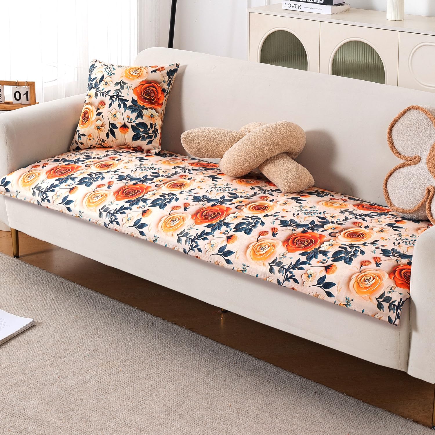 HOKIPO 'Nature Muse' Premium HD Printed Holland Velvet Sofa Cover Mat for 1/2/3 Seater & L-Shape Sofa. Make Your Own Sofa Cover Set, Mat 70(D) x 180(L) cm, Caramel Ambrosia (IN-918-D8)-image-5