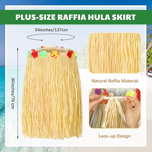 Miniatura 2 de Mepase Falda de hula, talla grande, para mujer, rafia, hierba con flores, 54 x 30 pulgadas, ajustable, natural, hawaiana, hula
