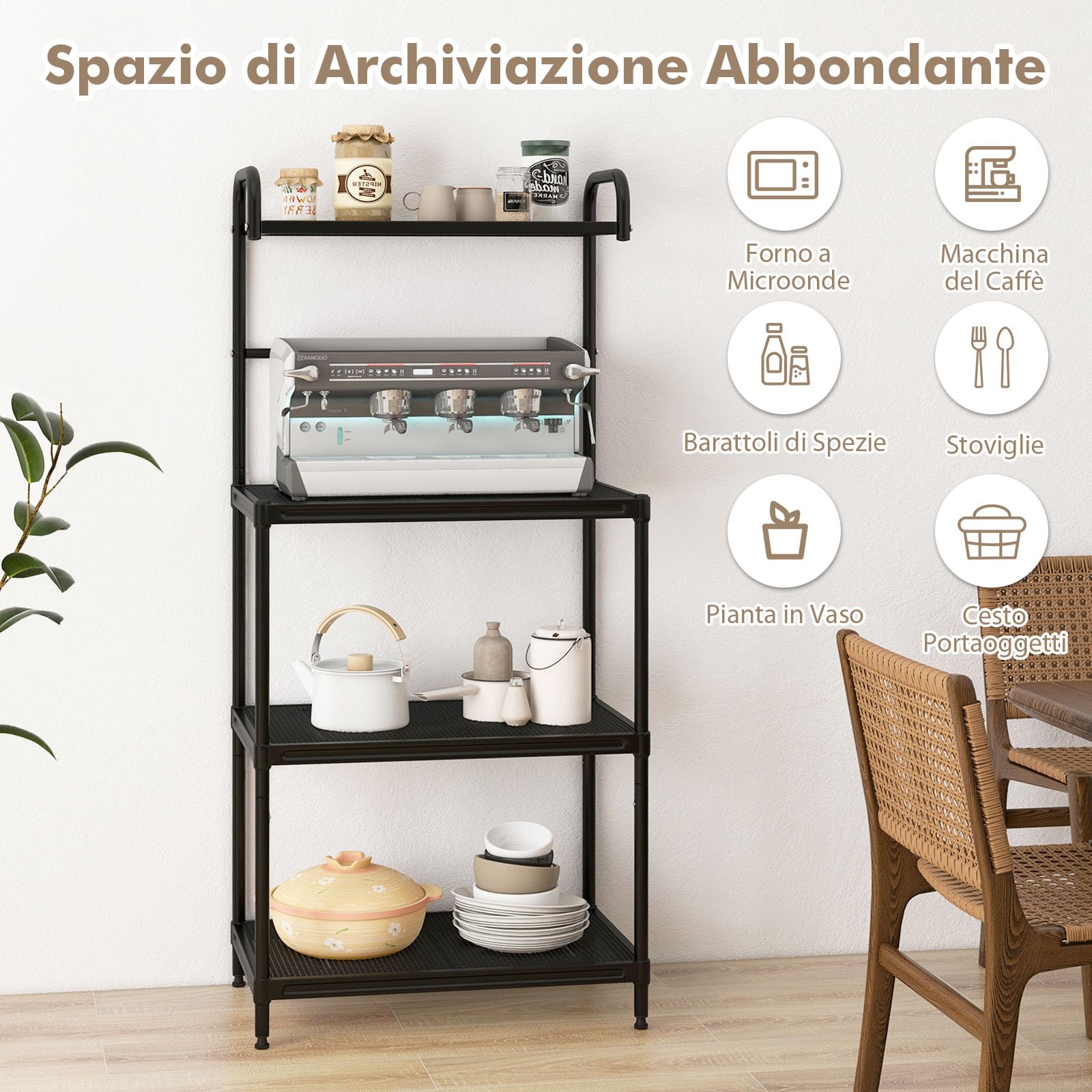COSTWAY Microonde Scaffale da Cucina per Microonde in Metallo a 4 Ripiani, Carrello per Microonde Scaffalatura Organizzatore Portaoggetti, 60 x 34 x 136 cm (Nero)