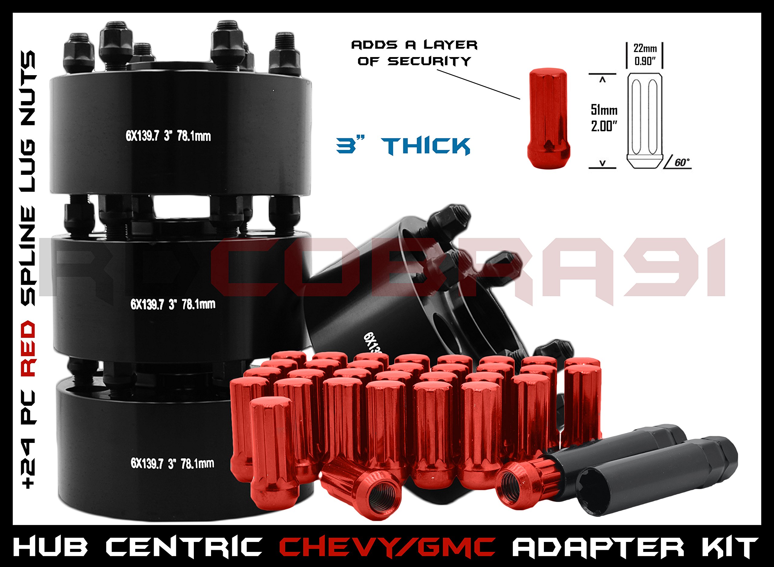 4 Pc 6x5.5 (6x139.7 MM) Black Hub Centric Wheel Spacers Adapters 3" Thick Bolt On Kit + 24 7-Spline Red Lug Nuts M14x1.5 Lug Nuts Compatible with Silverado Sierra Tahoe Yukon & More …