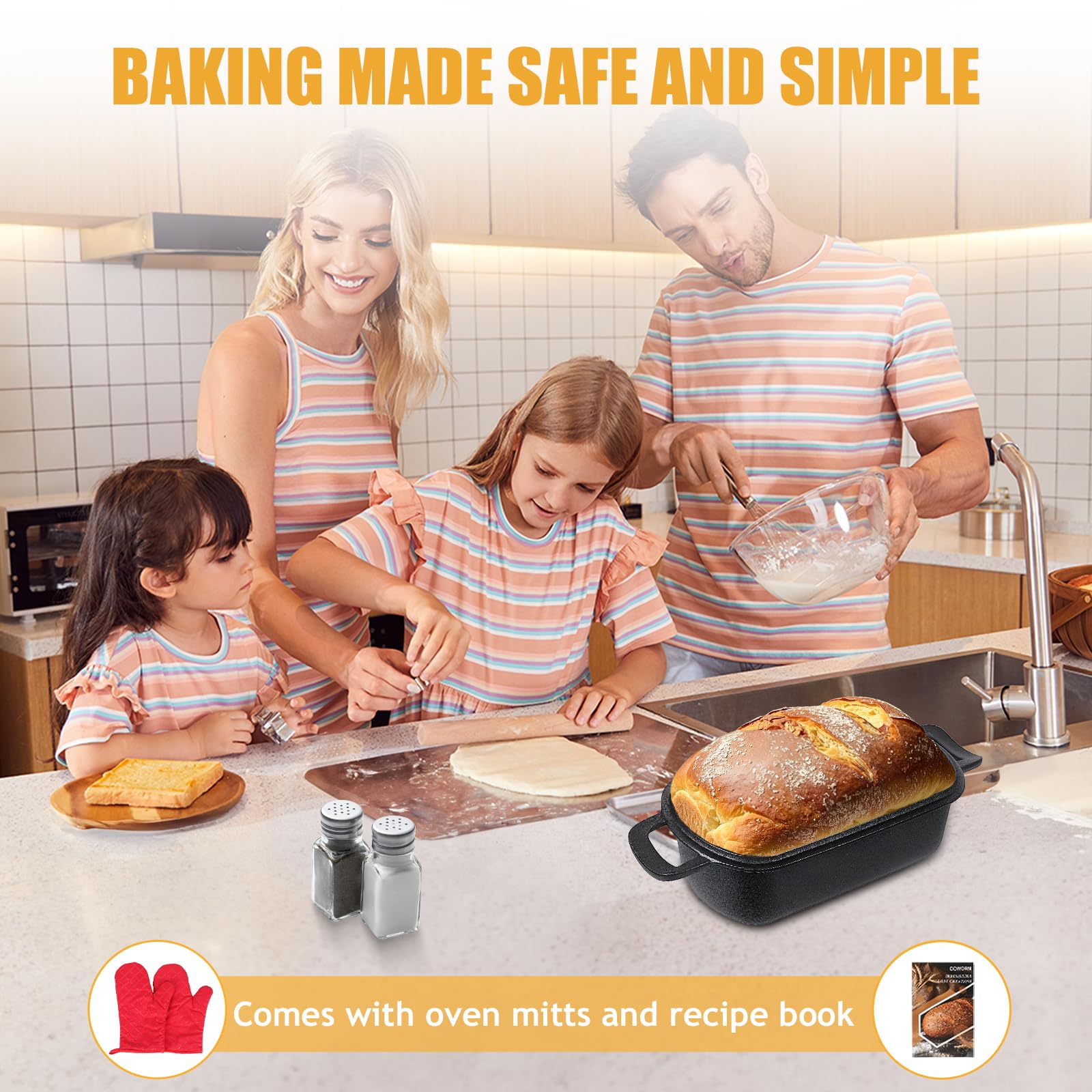 Molde para pan de hierro fundido de 10 x 5 pulgadas con tapa, 2 en 1 para hornear pan casero de masa madre