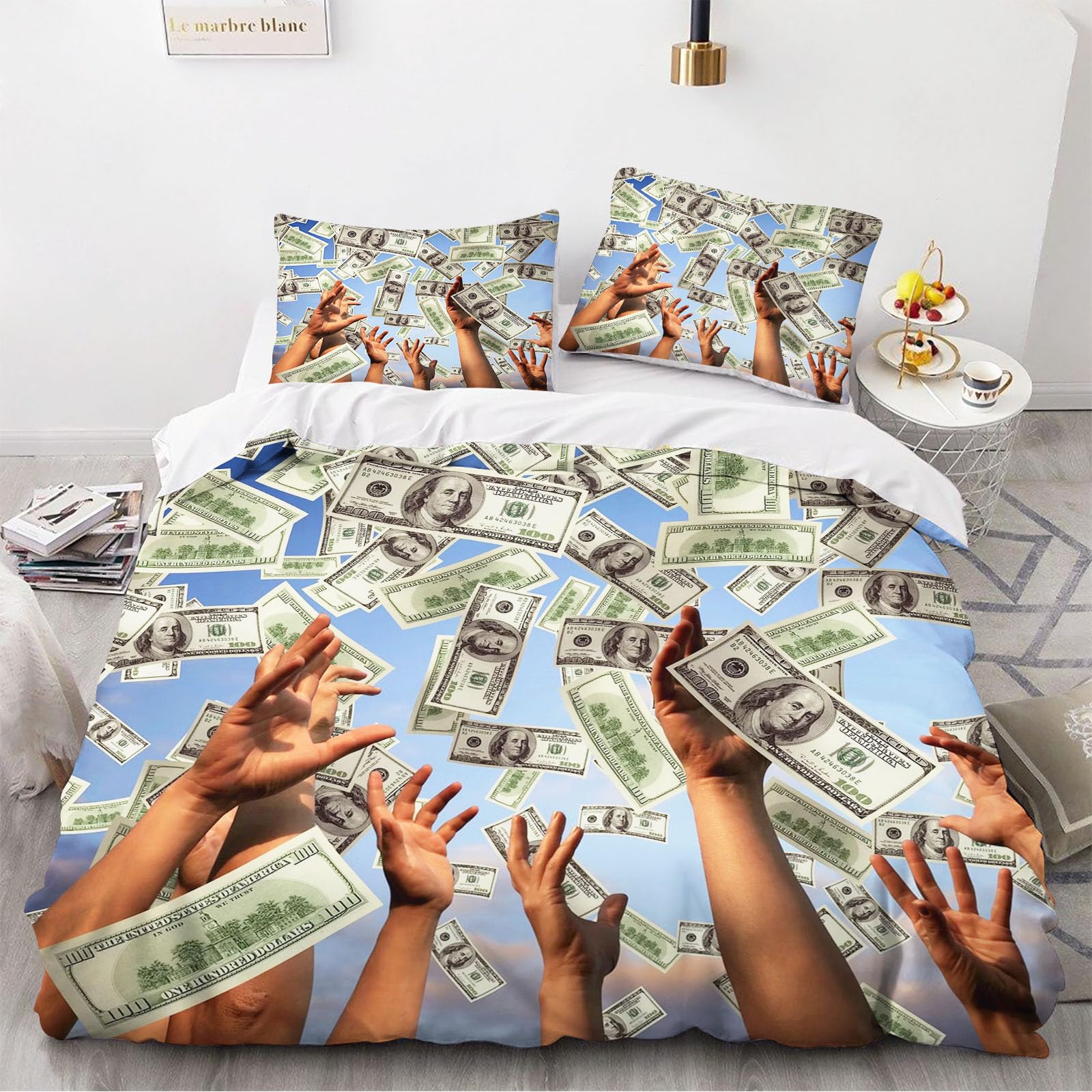 Fadaing Dollar Bettwäsche 135x200 Bargeld Geldscheine Bettbezug Für Kinder 100 Dollar Rechnungen Weiche Mikrofaser Bettwäsche Set Mit Reißverschluss Und 2 Kissenbezügen (1,Single 135 X 200 cm) Küche, Haushalt & Wohnen