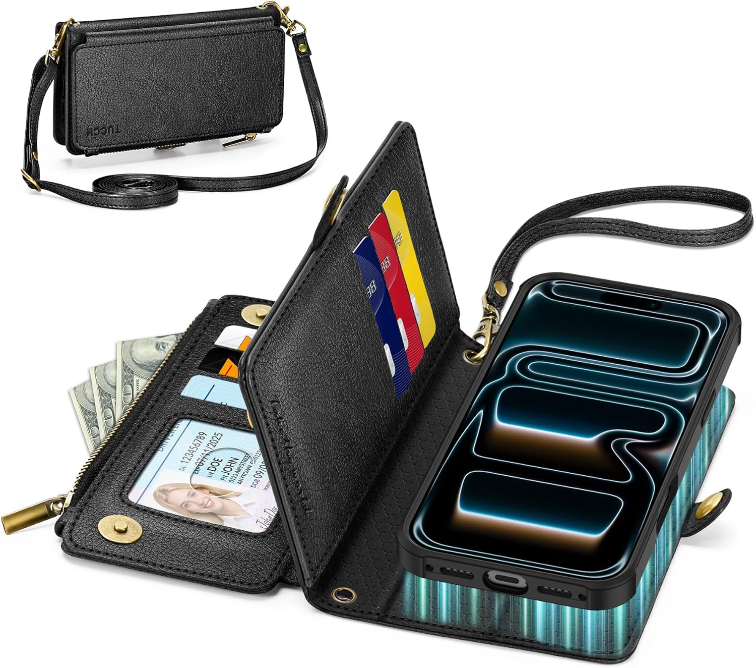 TUCCH Removable Crossbody Wallet Case for iPhone 17 Pro (6.3") 2025, 9 Card Slots RFID Blocking, Lanyard, Wrist Strap, Wireless Charging, Zipper Pocket, PU Leather, Magnetic Flip Cover, Textured Black