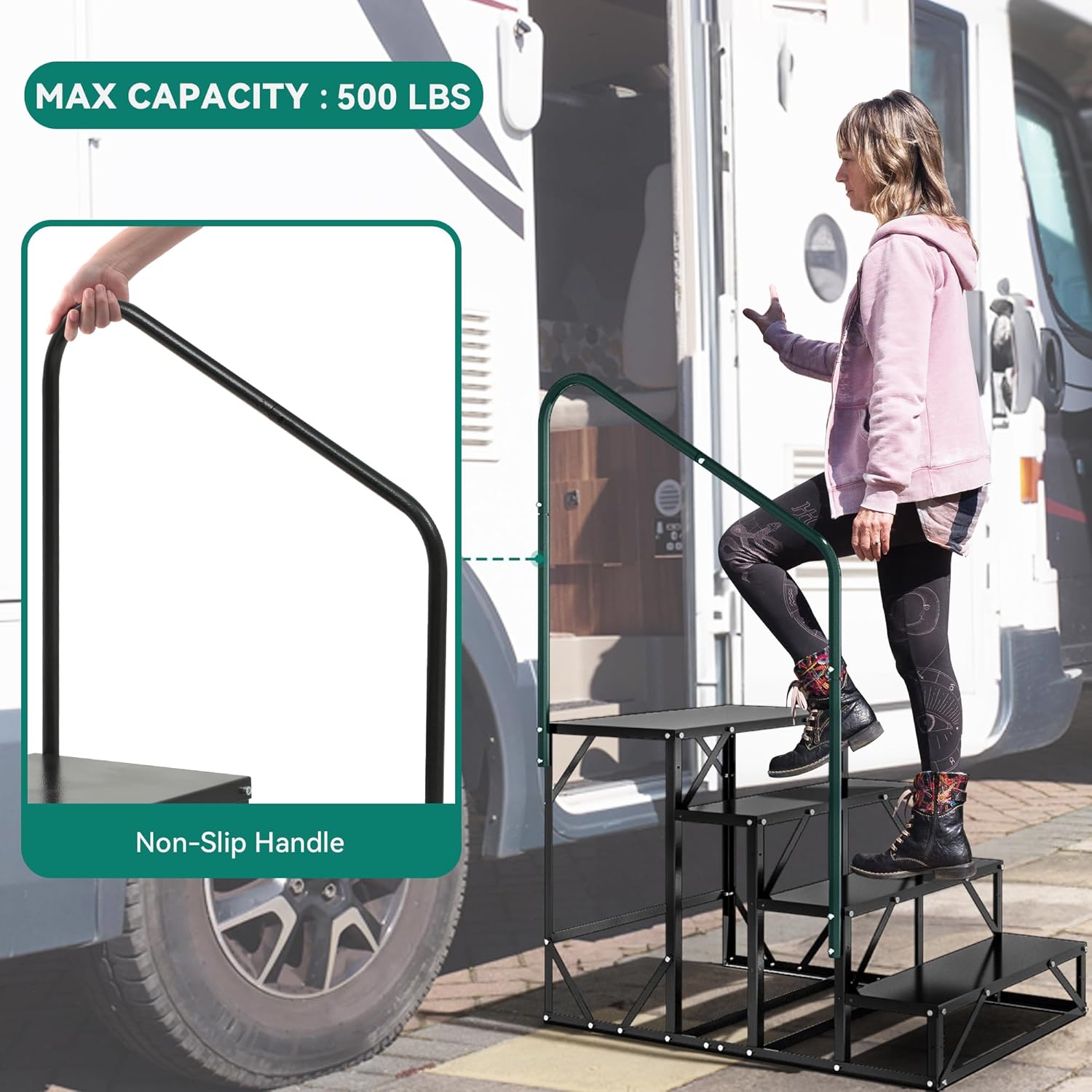 YITAHOME RV Stairs with Handrail 4 Step, Outdoor Hot Tub Stair with Cuttable Anti-Slip Mats, Alloy Steel Portable Economy 5th Wheel RV Ladder Step for Travel, Camper, Mobile Home, Porch, Spa