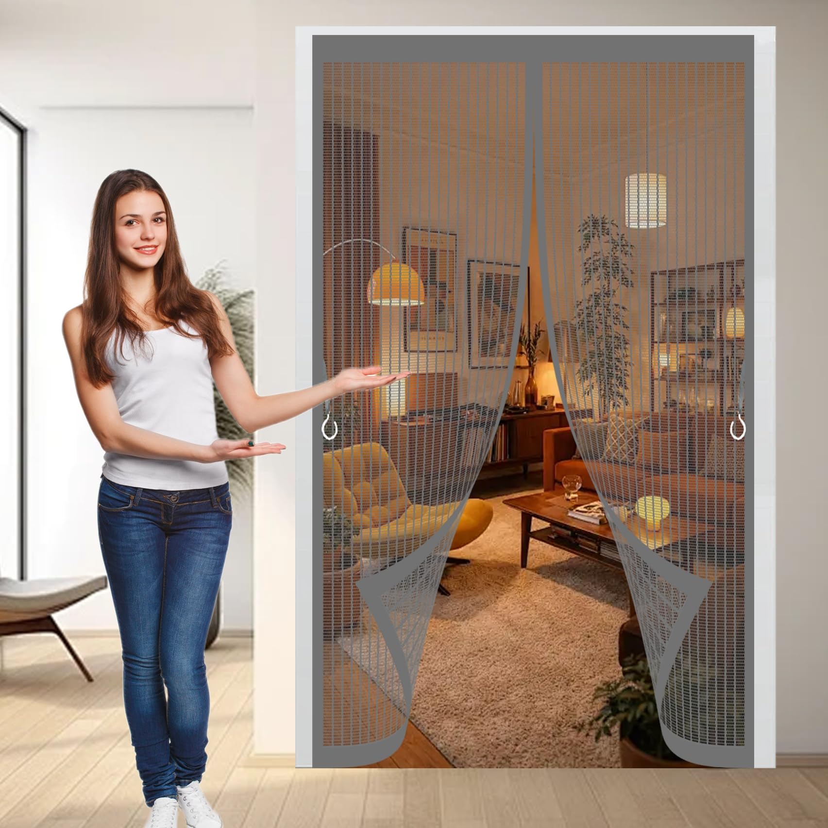 Fly Nets for Doors 165 x 260 cm with Powerful Magnets & Full Frame Magic Tape, Keep Bugs Out & Lets Fresh Air in Magnetic Fly Screen Doors for Patio Balcony, Grey