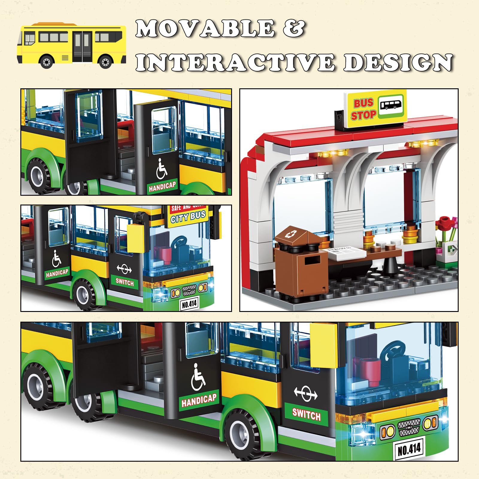 City Bus Building Blocks Set for Kids 6+, 386PCS Pushable Bus Toy with Station Platform, Realistic Doors & Seats, Compatible with Lego Bricks, STEM Educational Vehicle Model Gift for Boys Girls Adults