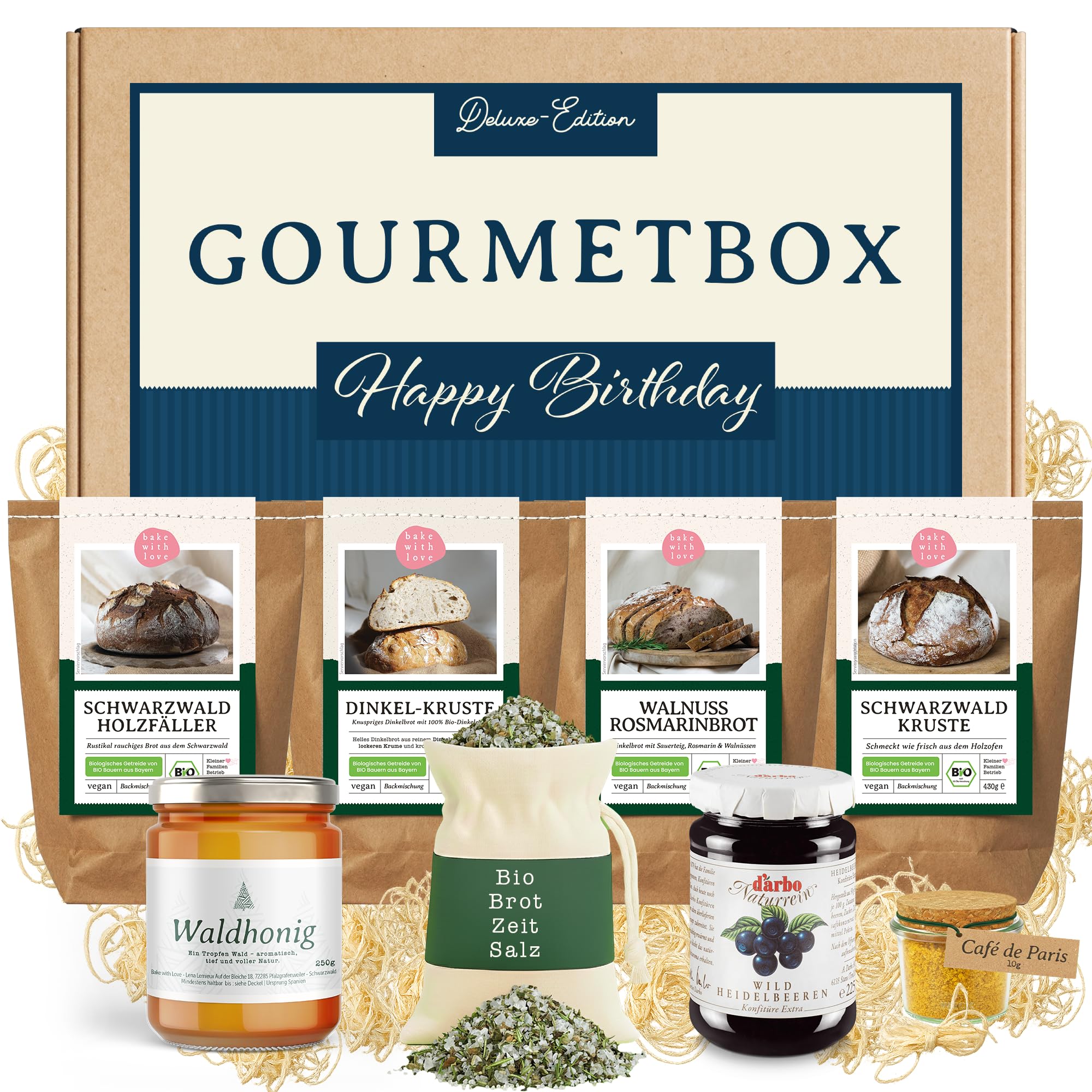 Feinkost Geschenkkorb – Happy Birthday Geschenkset mit 4 Bio Brotbackmischungen, Marmelade, Honig und Gewürzen – Präsent für Brotliebhaber und Feinschmecker