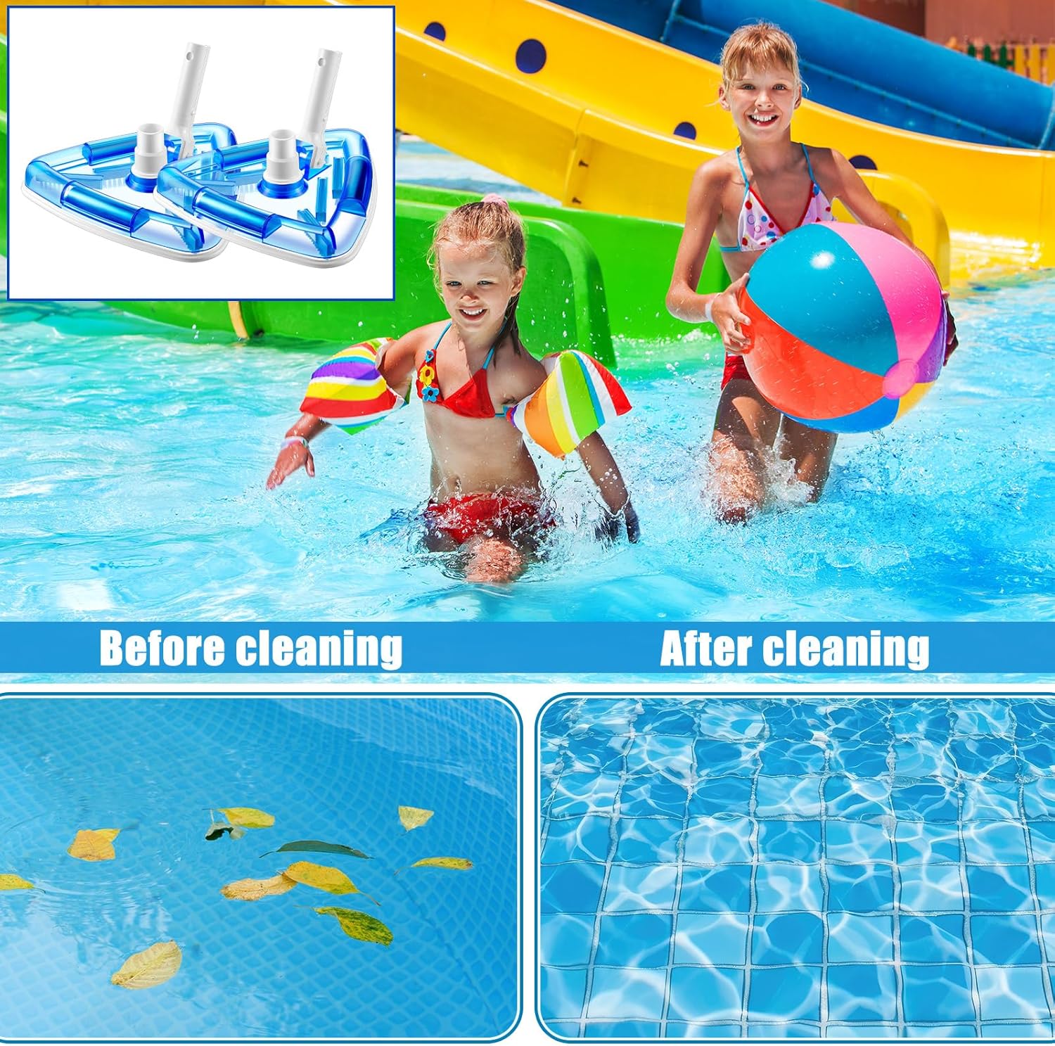Jingmore 2 Pcs Weighted Clear Triangle Pool Vacuum Head with Brush Bristles Swivel Hose Connection EZ Clip Handle Pool Cleaning Equipment for Summer Swimming Pools, Connect 1-1/4" or 1-1/2" Hose, Blue