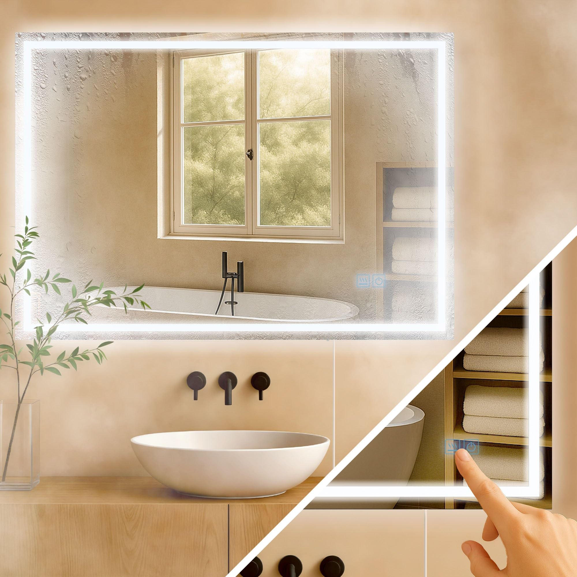 CLP Specchio da Bagno con Illuminazione Jaffrey, Specchio antiappannamento, Orientamento Orizzontale e Verticale, Specchio a Parete dimmerabile, Dimensione:70x100 cm