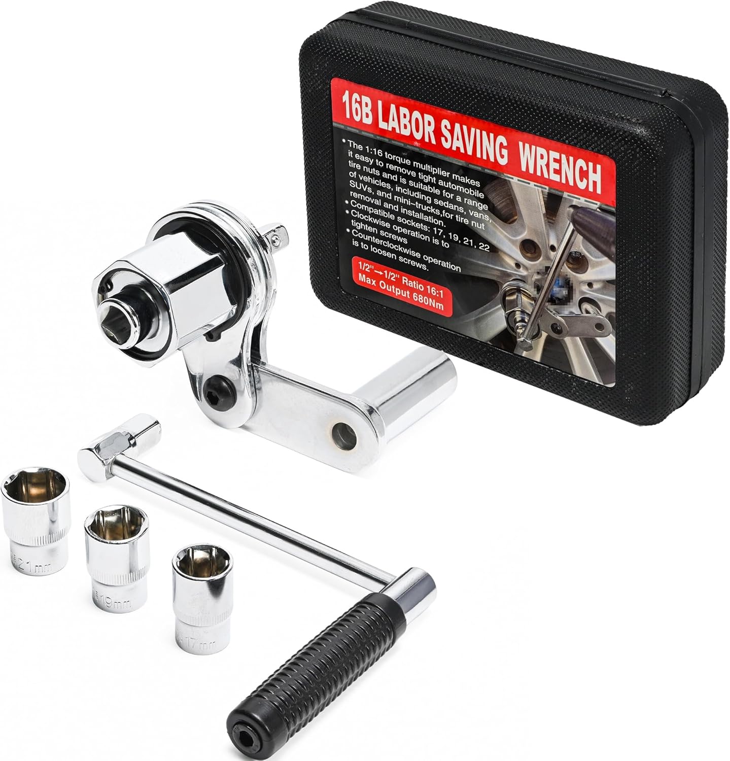 RQG Torque Multiplier, 1/2 Drive Hand Cranking Lug Nut Removal Tool, Portable Lug Nut Torque Wrench Set with 17/19/21mm Sockets for Sedan SUV Van Mini Truck (Upgrade, More Labor-saving)