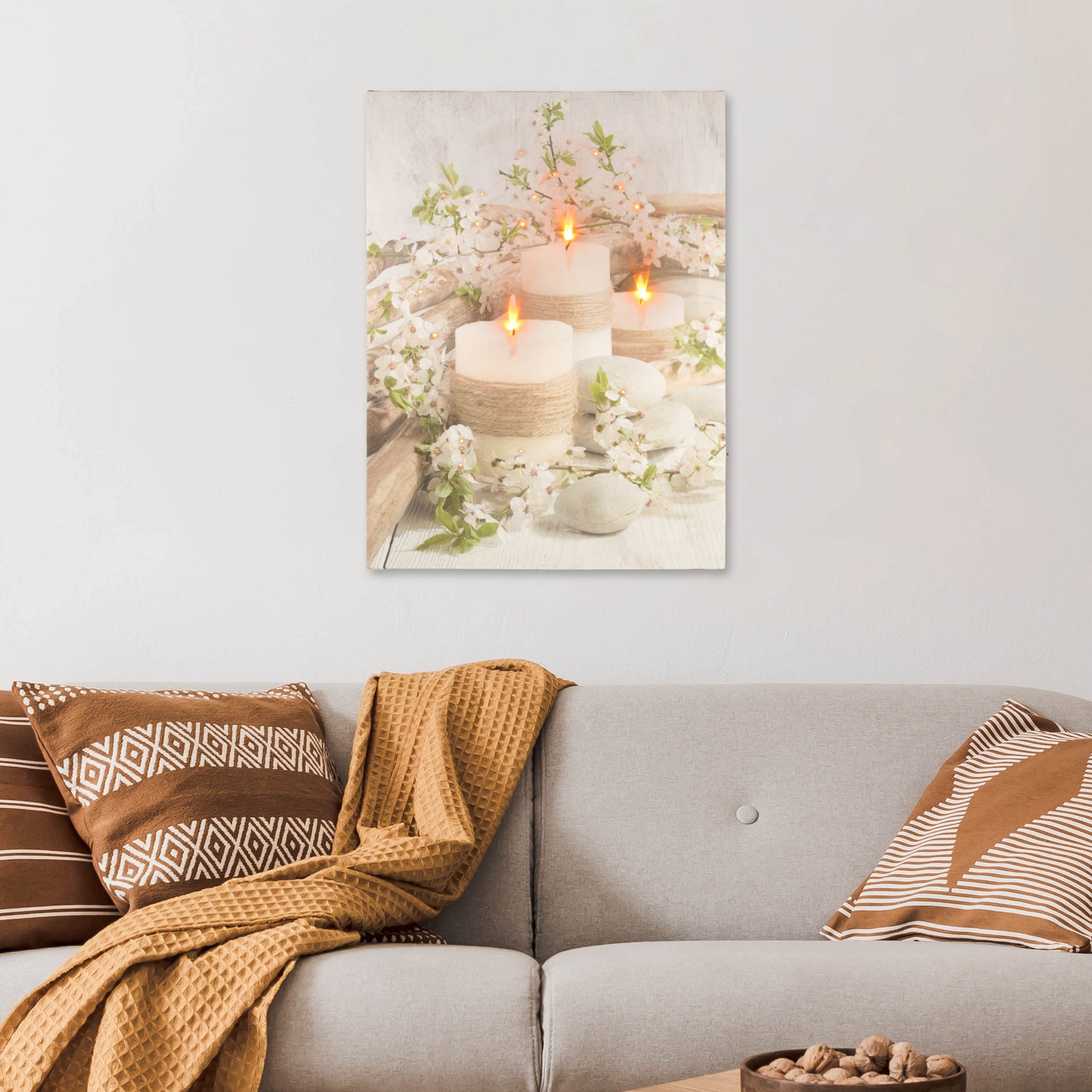 Nexos Trading LED Wandbild Leinwandbild mit Beleuchtung Timer Fotodruck Kerzen Arrangement 30x40 cm Kunstdruck Leuchtbild 3 warmweiße Flacker Effekt LED Wellness 30 Glasfaser