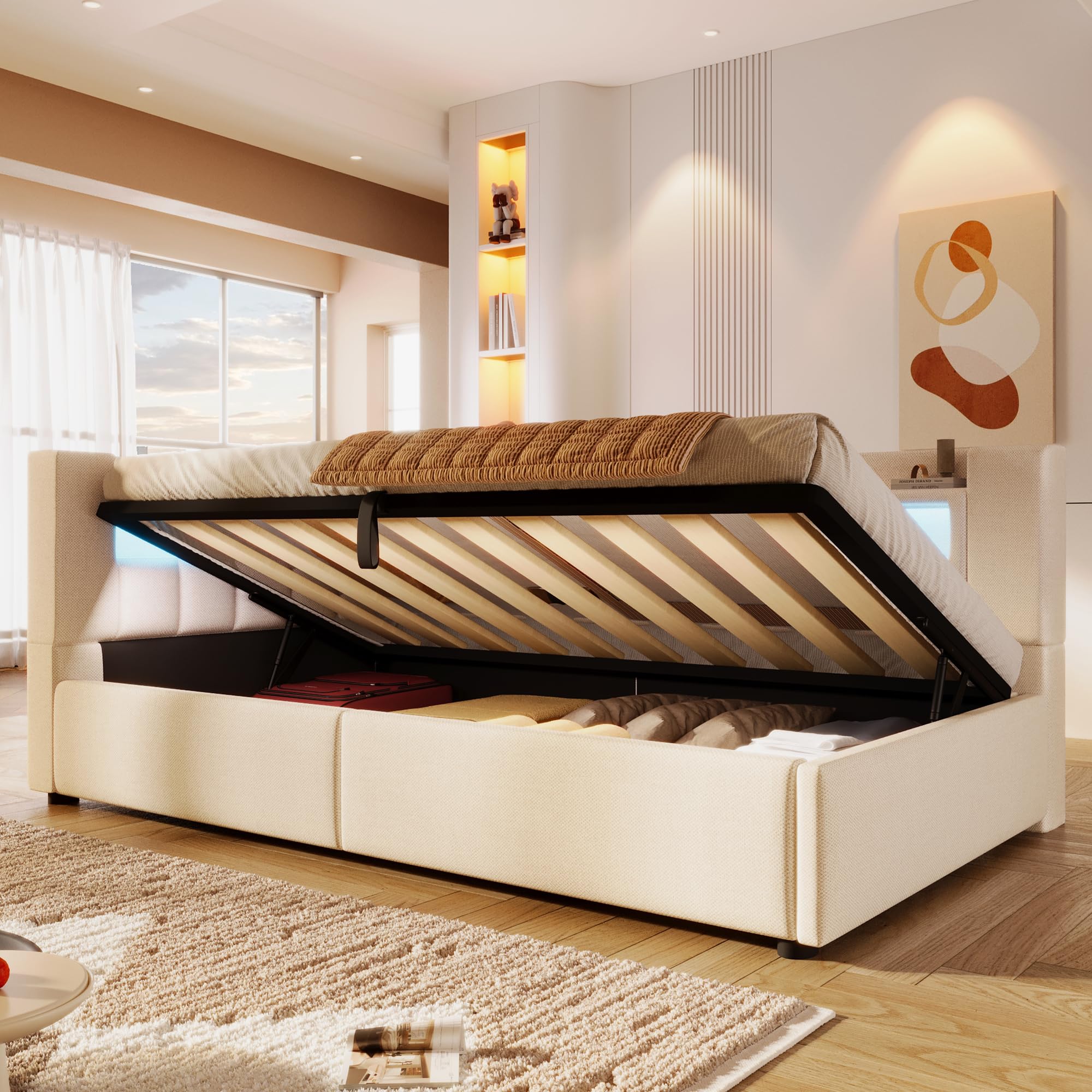 Moimhear Daybett, Hydraulische Lagerungt, Mit USB Typ-C Ladefunktion, Sofabett, Einzelbett, Ohne Matratze, Leinen, minimalistischer Stil (Beige, 90x200cm)