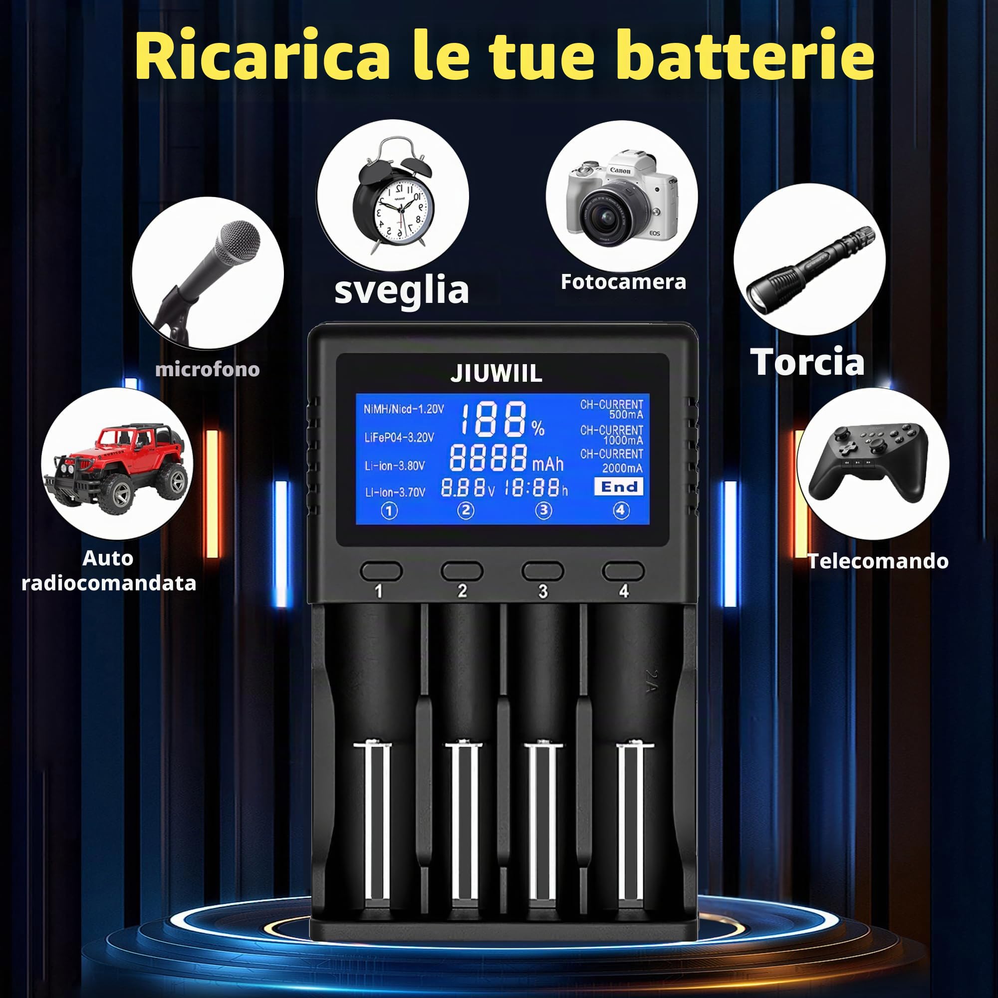 Caricabatterie 18650, Caricabatterie Universale a 4 slot con Display LCD per Batterie Ricaricabili Li-Ion 26650 17500 16340 (RCR123) 14500 10440 16340