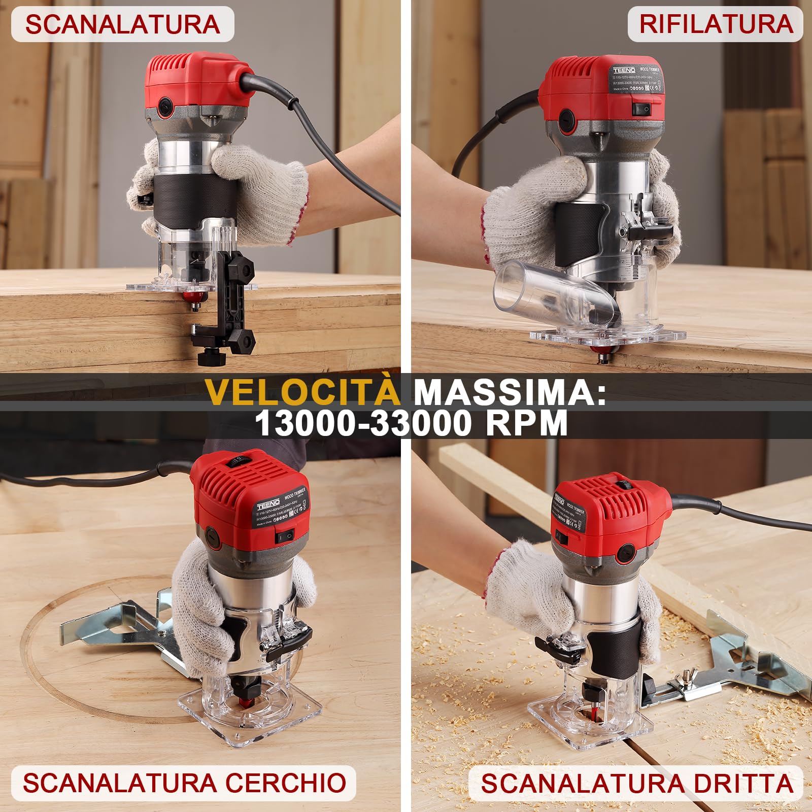 TEENO Rifilatore Fresatrice Verticale per Legno 800W 13000-33000 RPM Con Copertura Antipolvere, Legno Rifilatrice Elettrica Con 5 pezzi 1/4" Fresatura Cuter, 6 Velocità Variabili, Mandrino 6/6.35/8mm