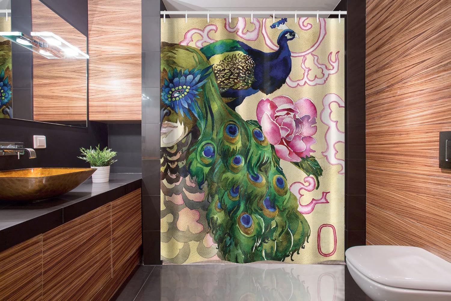 Ambesonne Peacock Stall Shower Curtain, Fantasy Composition with Woman and Peafowl in Watercolor Artwork, Fabric Bathroom Decor Set with Hooks, 54" W x 78" L, Pink Navy