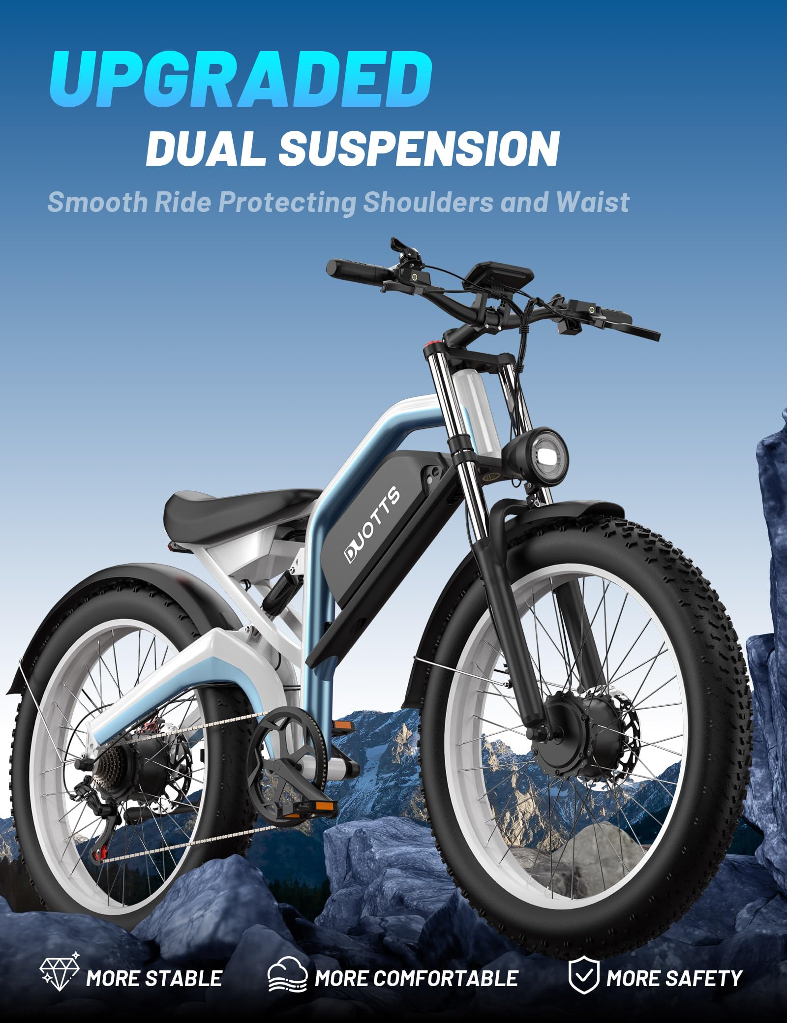 N26 Bici Elettrica Doppio Motore Uomo, Fat Tire 26 x 4.0 Ebike Mountain con 250W Batteria 48V 20Ah, Autonomia di 120Km (PAS), Adatta al Fuoristrada con Sospensioni Idrauliche & App Bluetooth