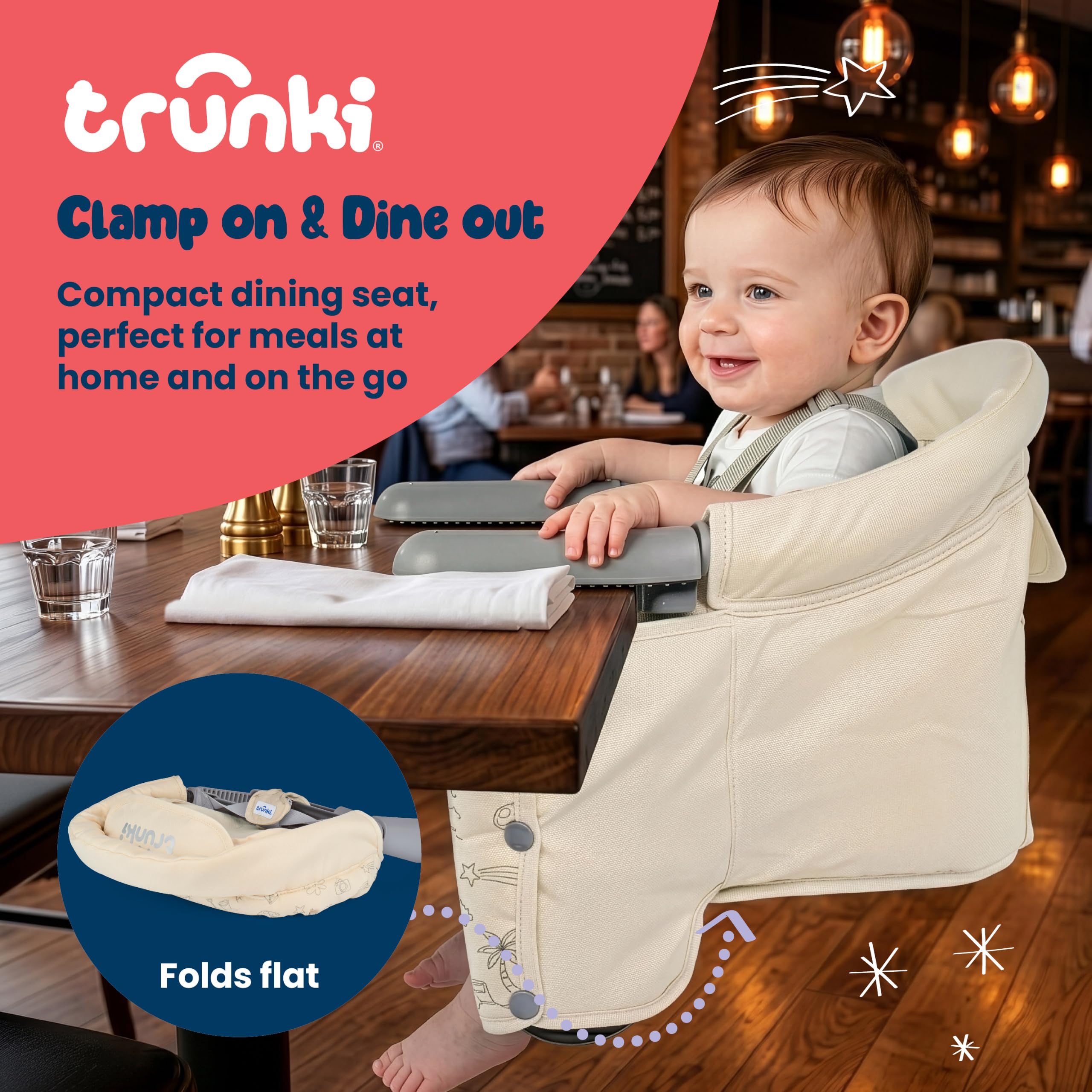 Trunki Clamp & Dine Hochstuhl – Ultrakompakter, zusammenklappbarer Hochstuhl mit Tragetasche, abwischbarer & waschbarer Babystuhl, Hochstühle für Babys und Kleinkinder von 6 bis 36 Monaten (oder 15 kg