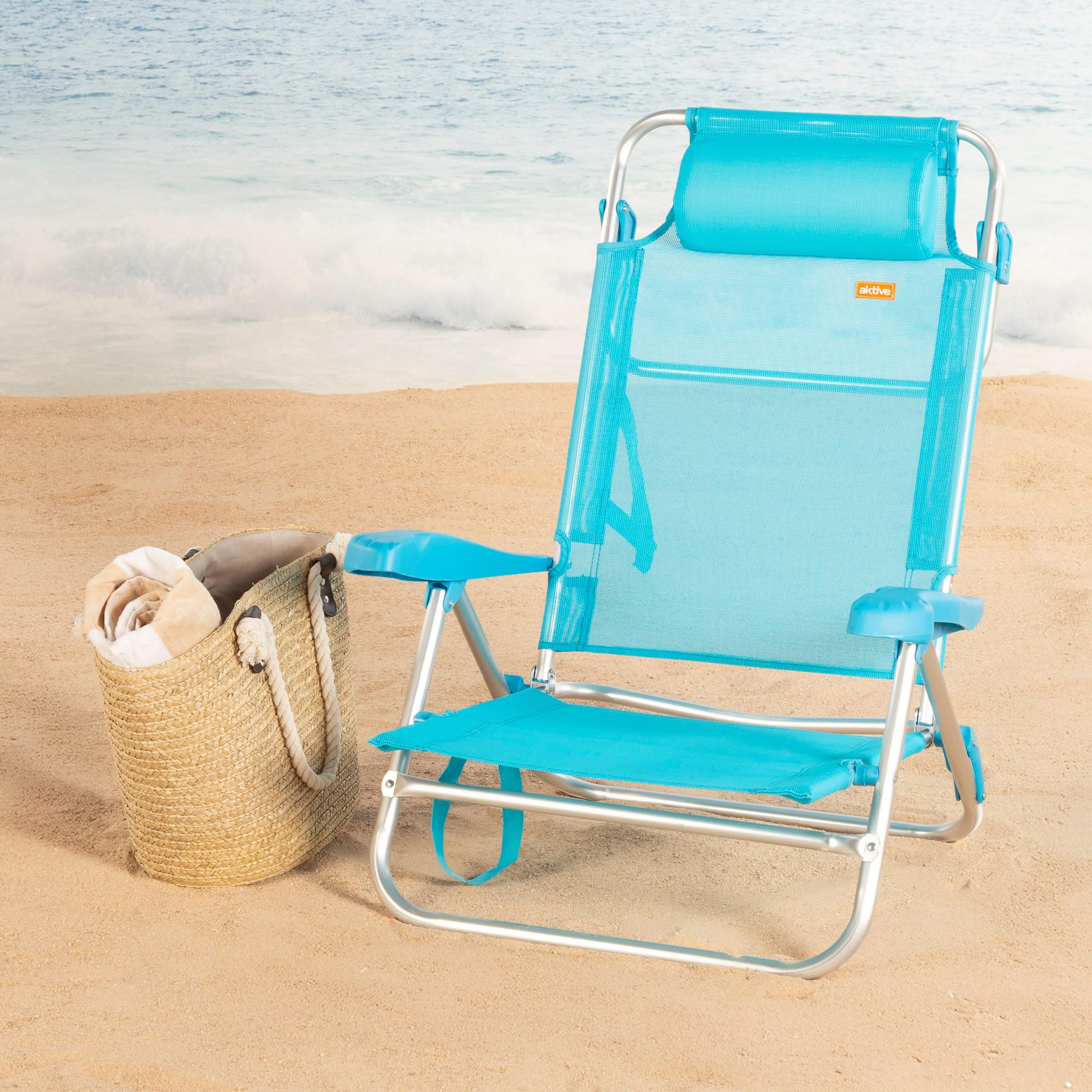 AKTIVE Silla de Playa Plegable, Multiposición 8 Posiciones, Textileno y Aluminio, Azul, 47x49x82 cm, 110 kg, Respaldo Alto Acolchado