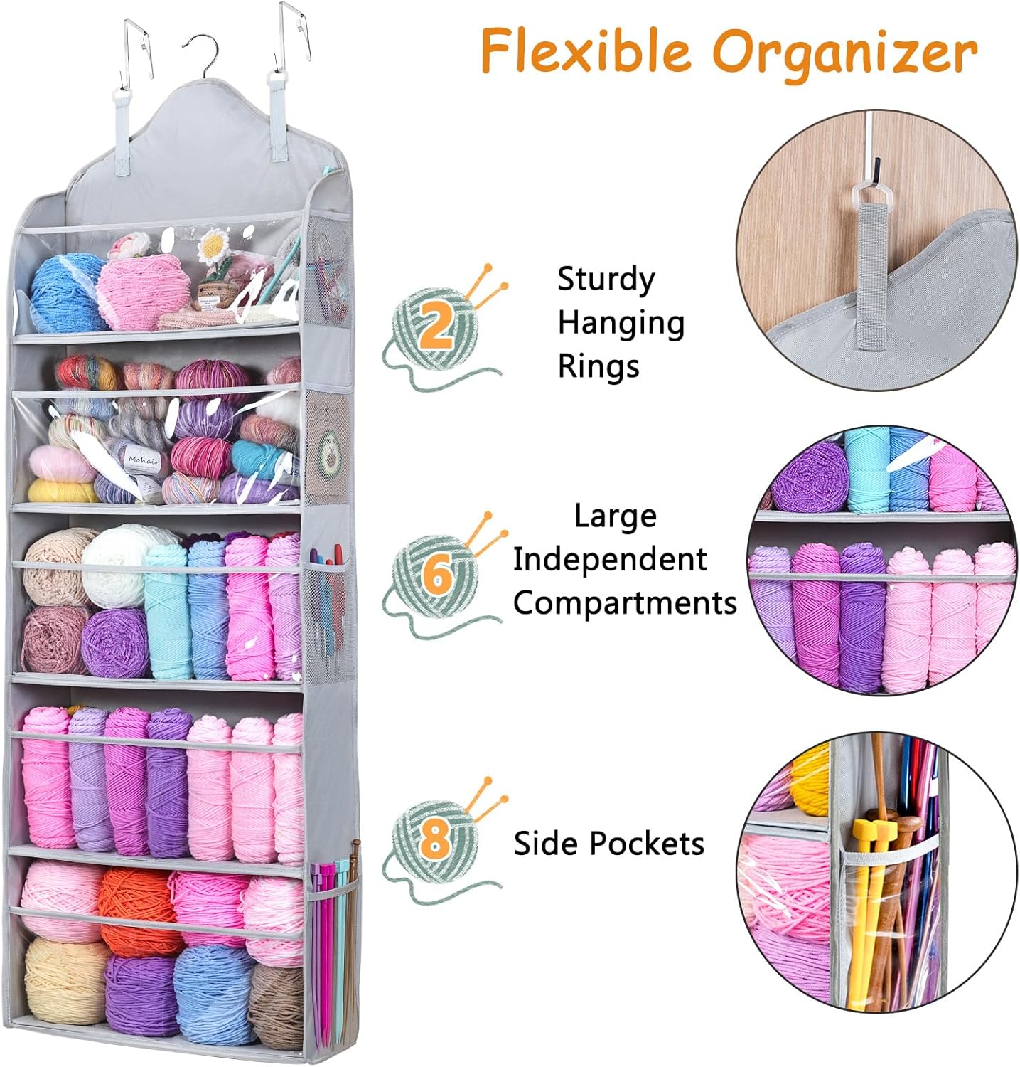 MYBAGZING Hanging Yarn Storage Organizer with Zipper Pockets, 5 Tiers Over the Door & Closet Yarn Holder, Large Crochet & Knitting Organizer with Side Pockets for Hooks, Needles & Accessories