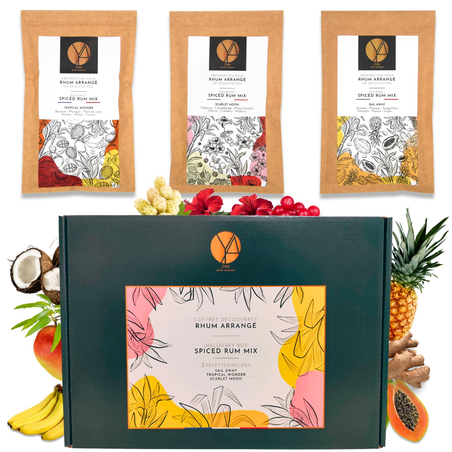 OYA - Coffret Rhum Arrangé de Dégustation de 3 préparations TROPICAL WONDER, SCARLET MOON, SAIL AWAY (pour 3 x 70cl de rhum) Kit Idée Cadeau Anniversaire Fête des Pères