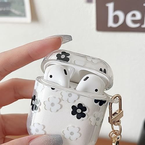 Miniatura 4 de MINSCOSE Funda transparente compatible con AirPods 12, bonito diseño de flores de dibujos animados con llavero floral, funda protectora de TPU suave